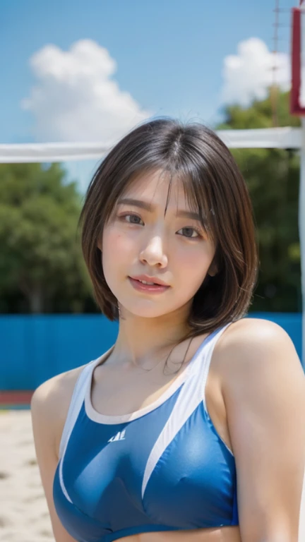 8k, RAW Photos, highest quality, masterpiece, Realistic, Photorealistic, (1 Ultimate beauty), 18 years old, Highly detailed face, (Perfect Teeth), Detailed eyes, double eyelid, eyelash, Grin, Lip details, brunette bob, small Breasts, ((sky-blue volleyball uniforms)), ((red small running bras))Soft Light, ((Written boundary depth)) 、Shot in the back、Total、Stick your butt out、With legs open、Slender body、Inverted nipples, volleyball coat, nsfw,