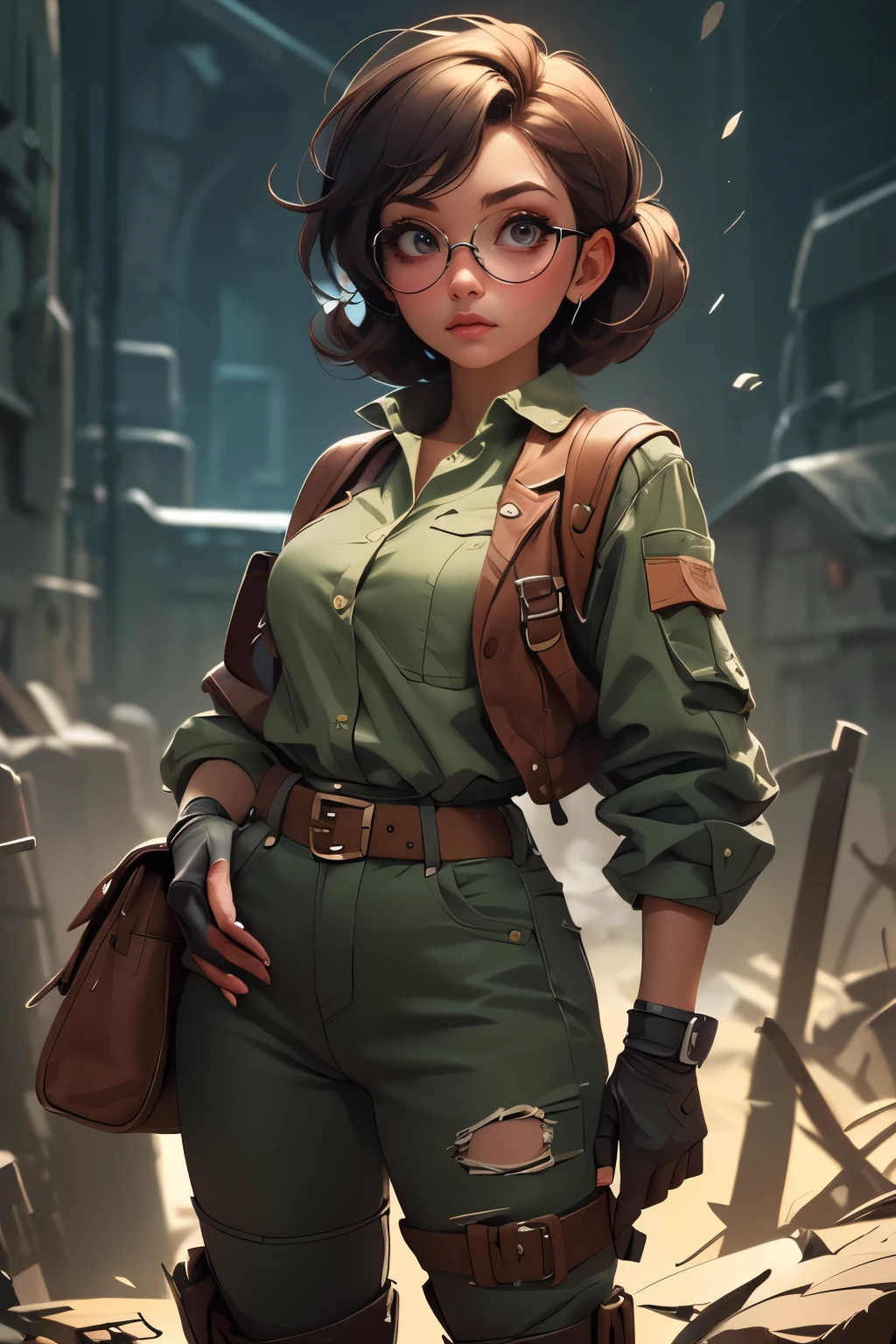 Wide angle, a pretty girl messenger, wearing large glasses, undercut hair, wearing postal uniform, in a post-apocalyptic world
