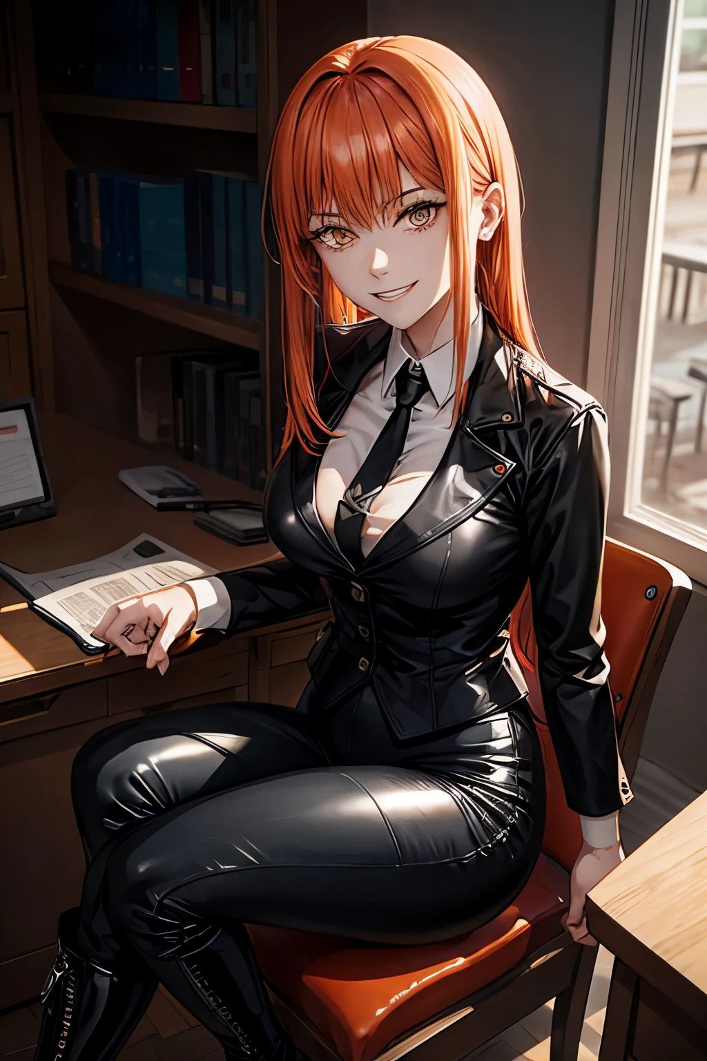 1girl, Makima (Chainsaw Man), beautiful face, detailed face, pretty, orange hair, long hair, tied hair, hair bang, straight hair bang, yellow eyes, detailed eyes, mature woman, mommy, smiling sadistically, evil smile, crazy grin, tie, sitted on chair, black tie, white leotard, office pants, dark gray pants, latex pants, boots, black boots, leather boots, combat boots, red light, blood on face, stains of blood on the face