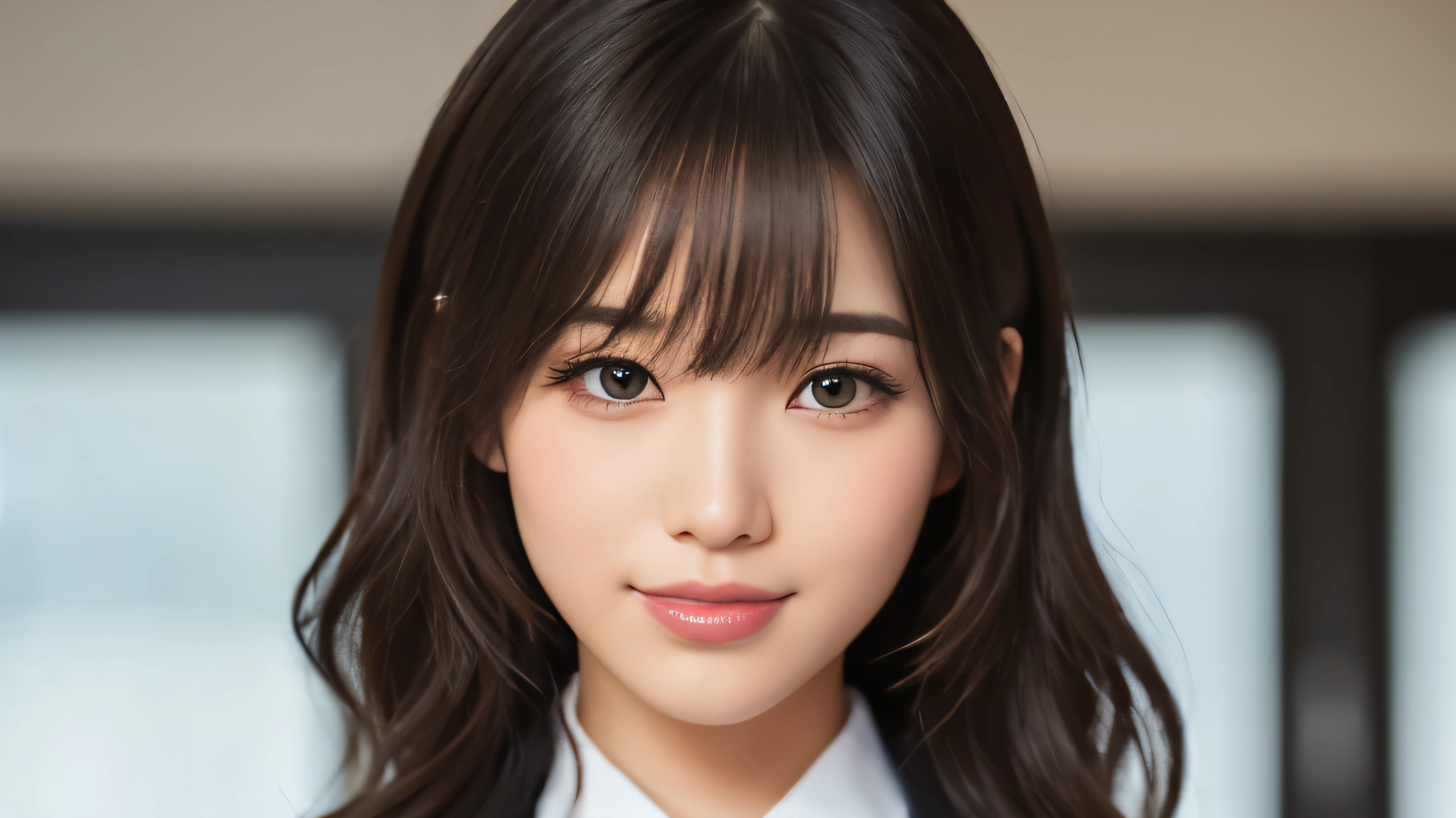 (masterpiece:1.2,highest quality),((office)),((Photographed with an ultra-wide-angle single focus lens)),depict the upper body,1 young woman,((business suit)),Black wavy hair,((Fine and beautiful eyes)),blushed,Healthy Skin,(smile),8k resolution