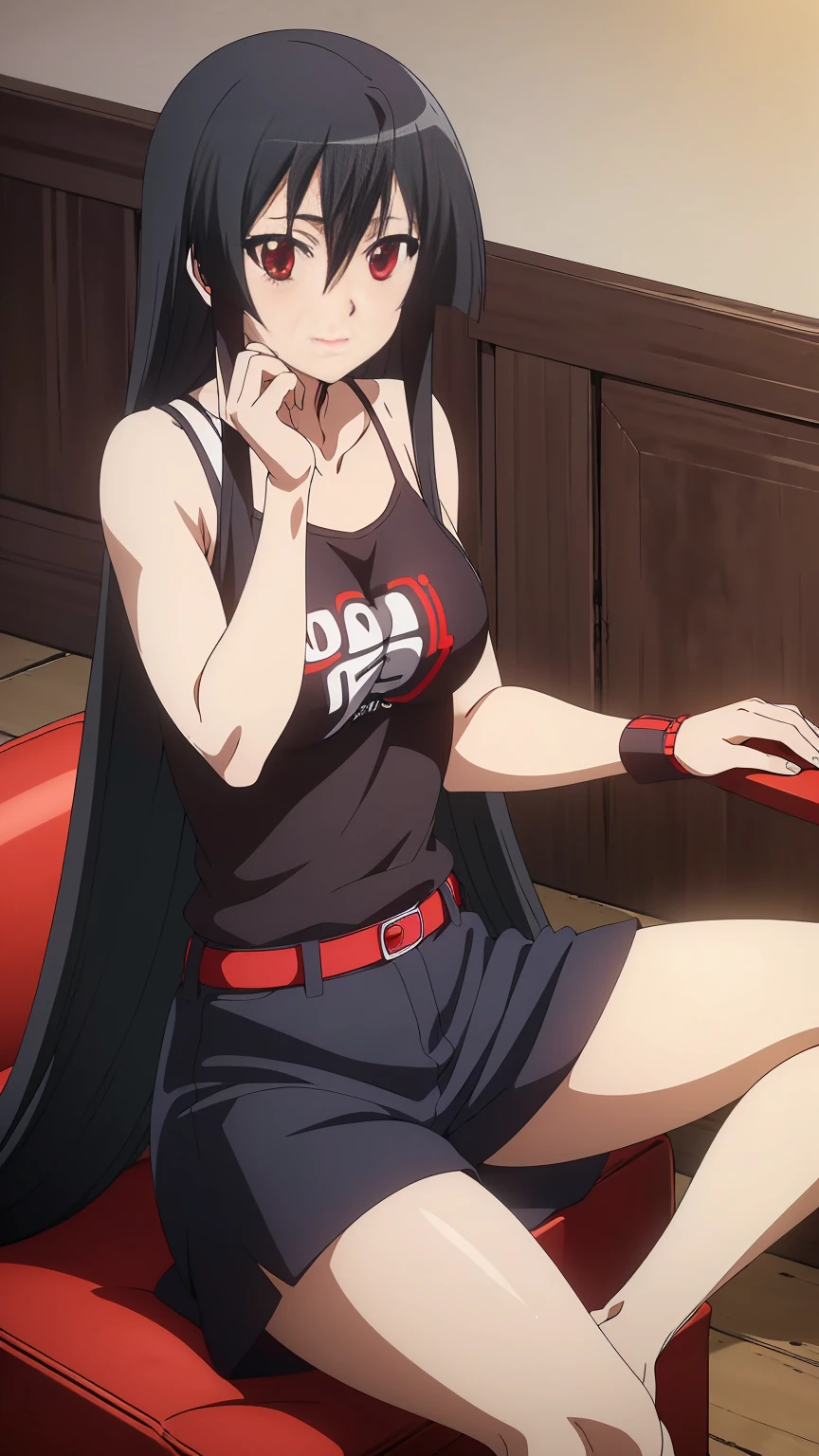 ((Master piece , best quality )),perfect face ,perfect eyes, beautiful red eyes, black hair,(( very long hair )),between eyes hair , blushing ,smile,looking at me, full body,cowboy shot,sexy pose, ((1girl,solo)),Akame, ((T-shirt, white shirt ,jeans  short )),sitting on sofa