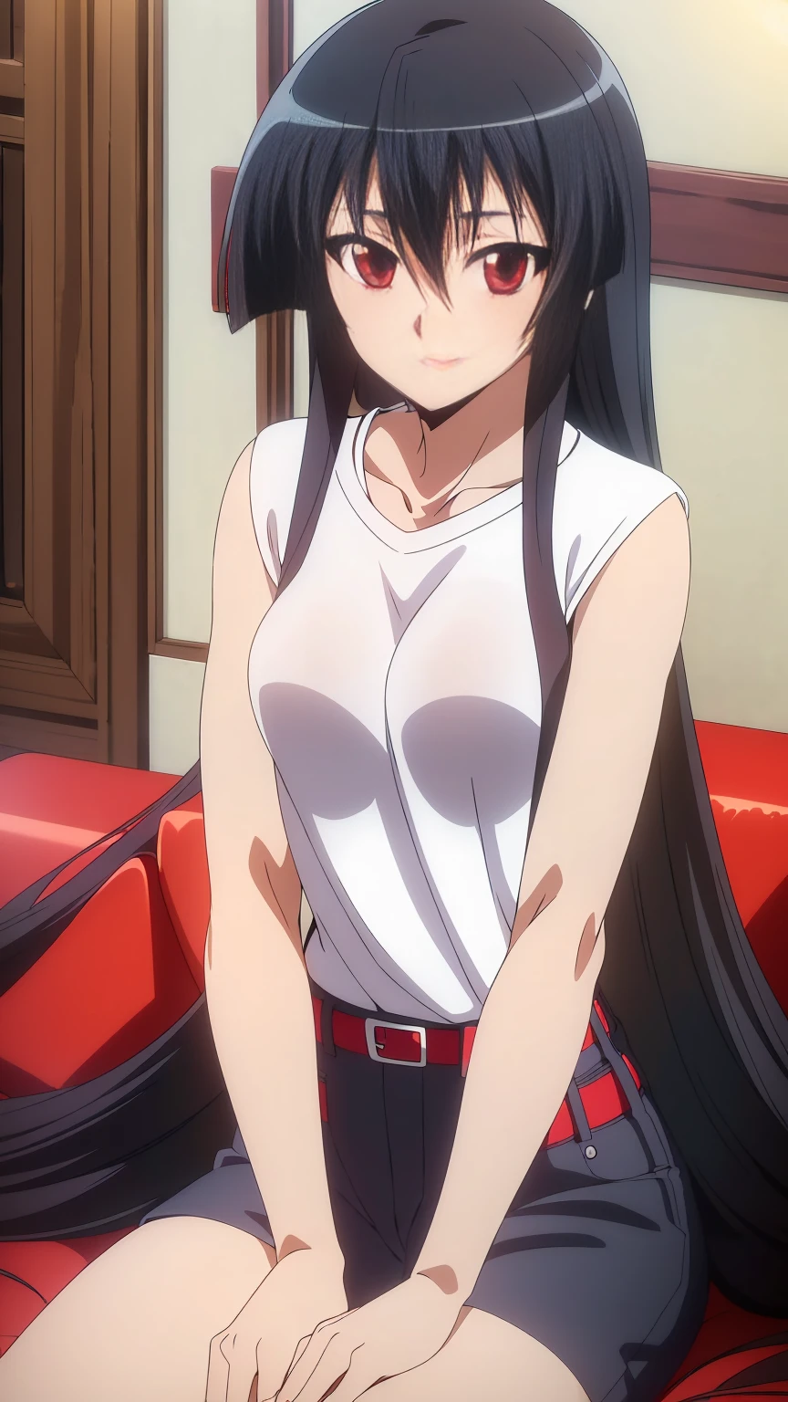 ((Master piece , best quality )),perfect face ,perfect eyes, beautiful red eyes, black hair,(( very long hair )),between eyes hair , blushing ,smile,looking at me, full body,cowboy shot,sexy pose, ((1girl,solo)),Akame, ((T-shirt, white shirt ,jeans short )),sitting on sofa