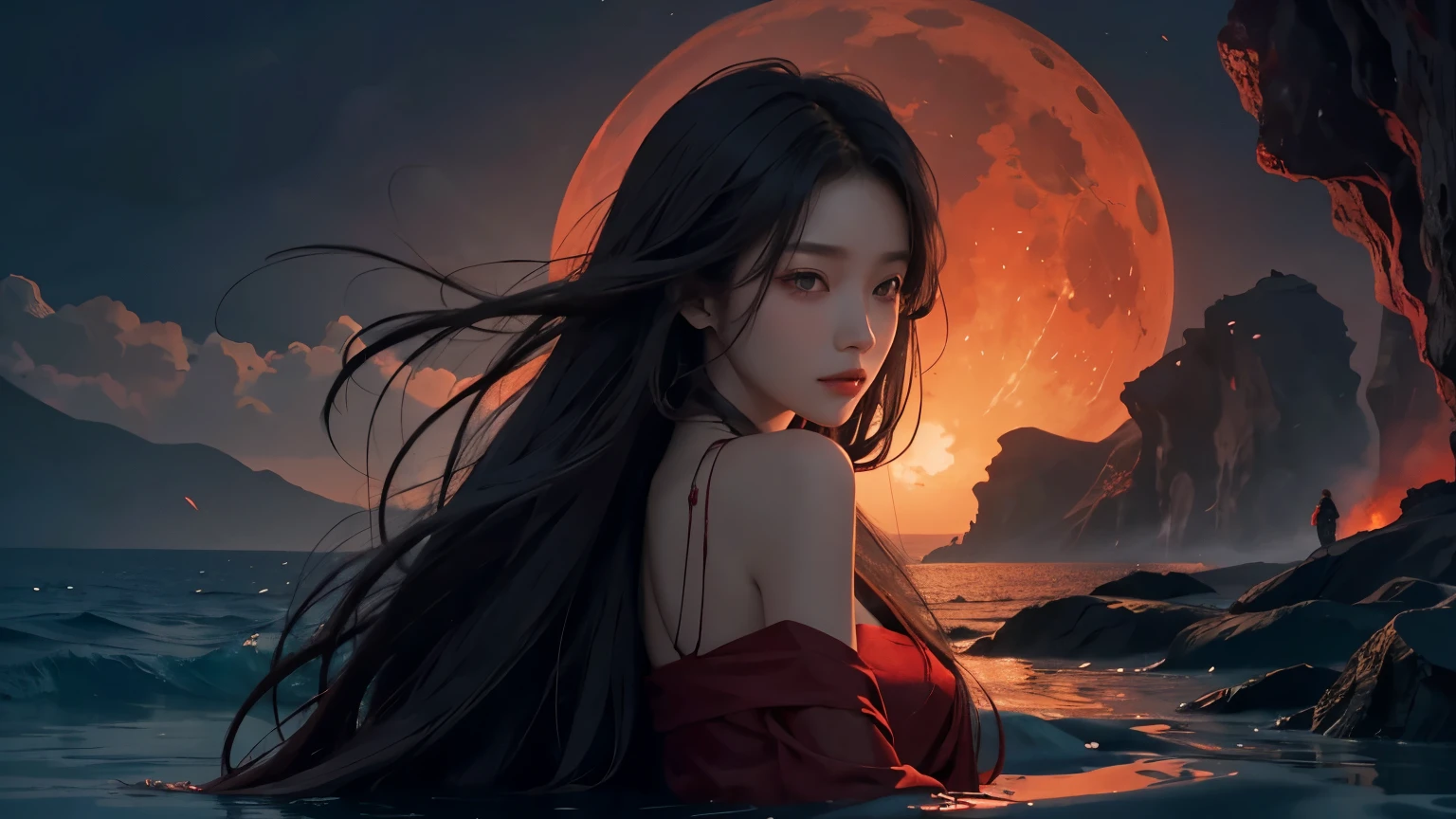 Coreana with long hair, gazing at the crimson sea from the black sand behind her. This evocative image showcases a beautiful eastern woman, her long hair cascading over her shoulders, as she turns to face the blood-red sea before her. The contrast between the black sand and the fiery hue of the water creates a dramatic and captivating scene. TheCoreana's figure is slender, and her skin is fair and radiant, displaying every detail with top-quality, high resolution, and 8K ultra-detailed clarity. The blood-red sea seems to go on endlessly, with a clear, super big moon background to add depth and dimension to the scene. The