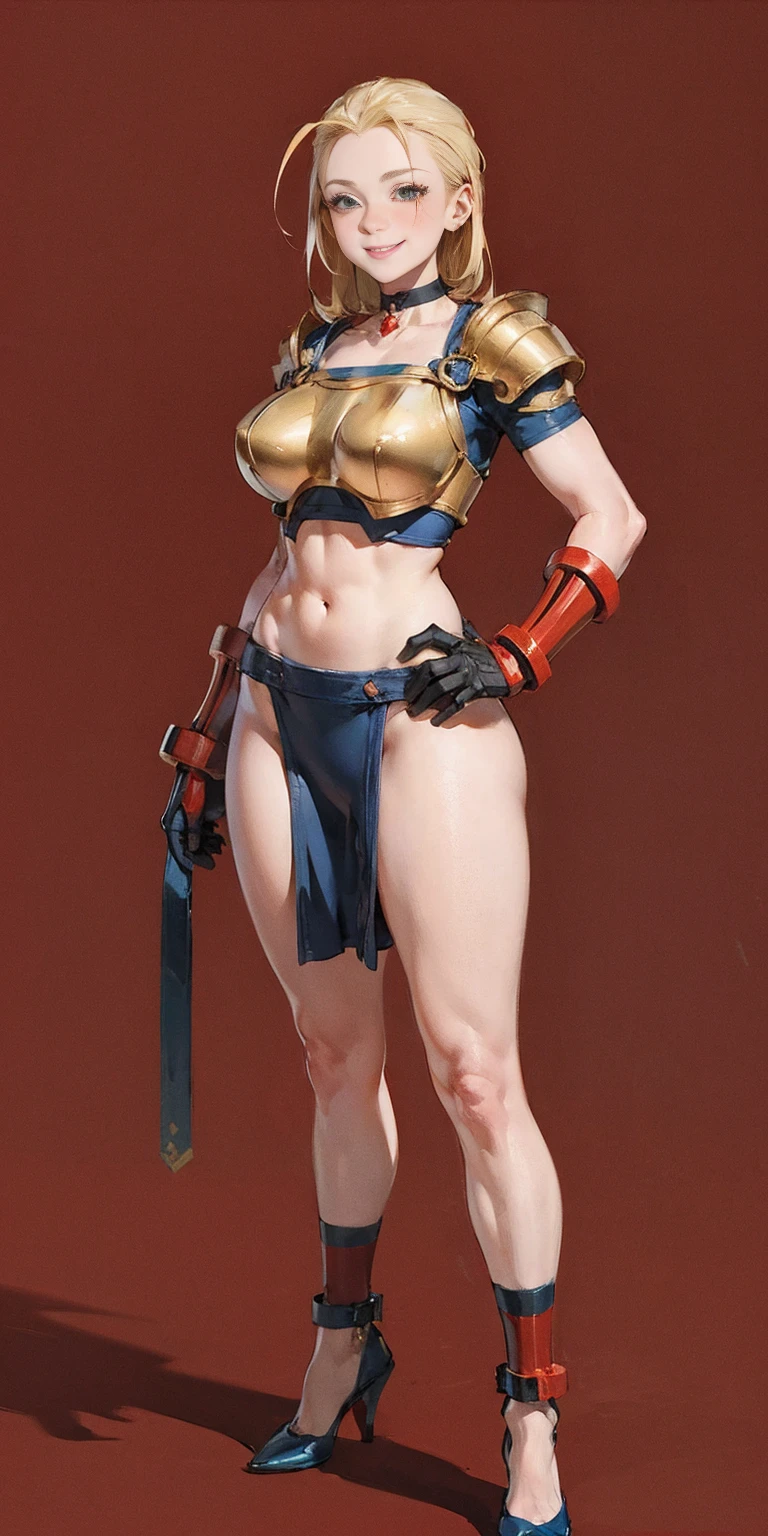 ((RED BACKGROUND)) (Cammy White Street Fighter 6 | Goofy AI) Female full body standing straight symmetrical, looking at viewer, golden (skin, breastplate, choker, bracers, handcuffs, shackles, high heels), lustful smirking smile face red blushed red cheeks, hands (clenching) on hips, shoulder armor, faulds, poleyn, gloves, gauntlets, blindfolded golden cloth, lustful smirking smile face red blushed, red cheeks