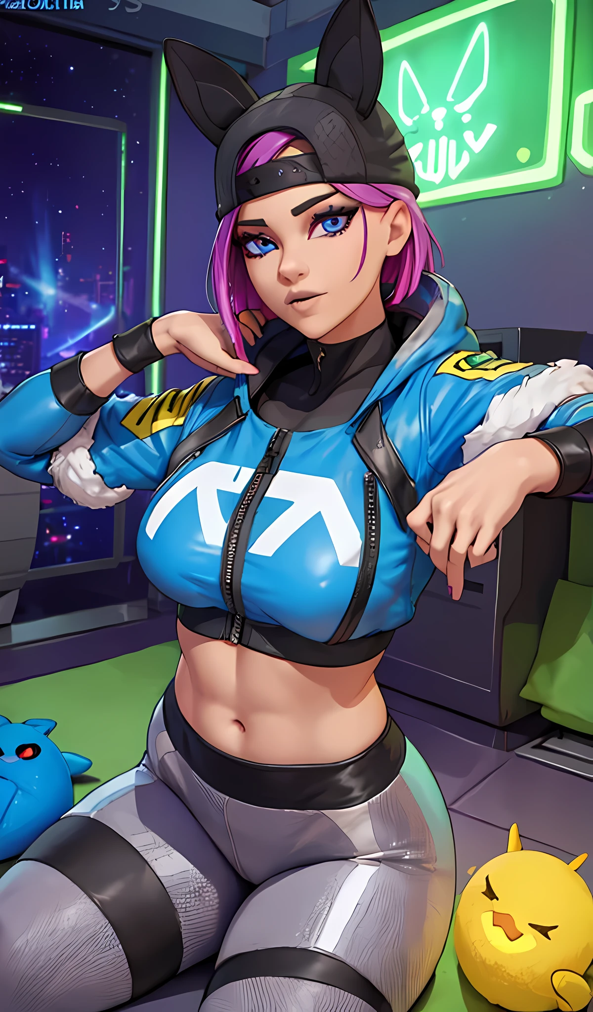 1 chica, sentada, Neon Noche, chaqueta,leggins azul, Extremadamente detallado, rostro detallado , pies ,hermoso rostro detallado, ojos detallados, dynamic pose