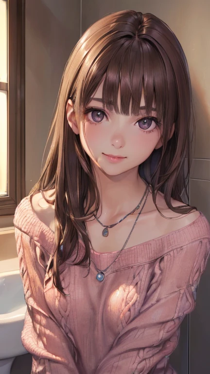 ((night、Realistic Light、highest quality、8k、masterpiece: 1.3))、1 girl、Slim Beauty: 1.4、(Brown Hair、Medium chest: 1.3)、Pink long sweater: 1.1、Bathroom、Extremely thin face、Delicate eyes、 double eyelid、smile、necklace、Brown eyes