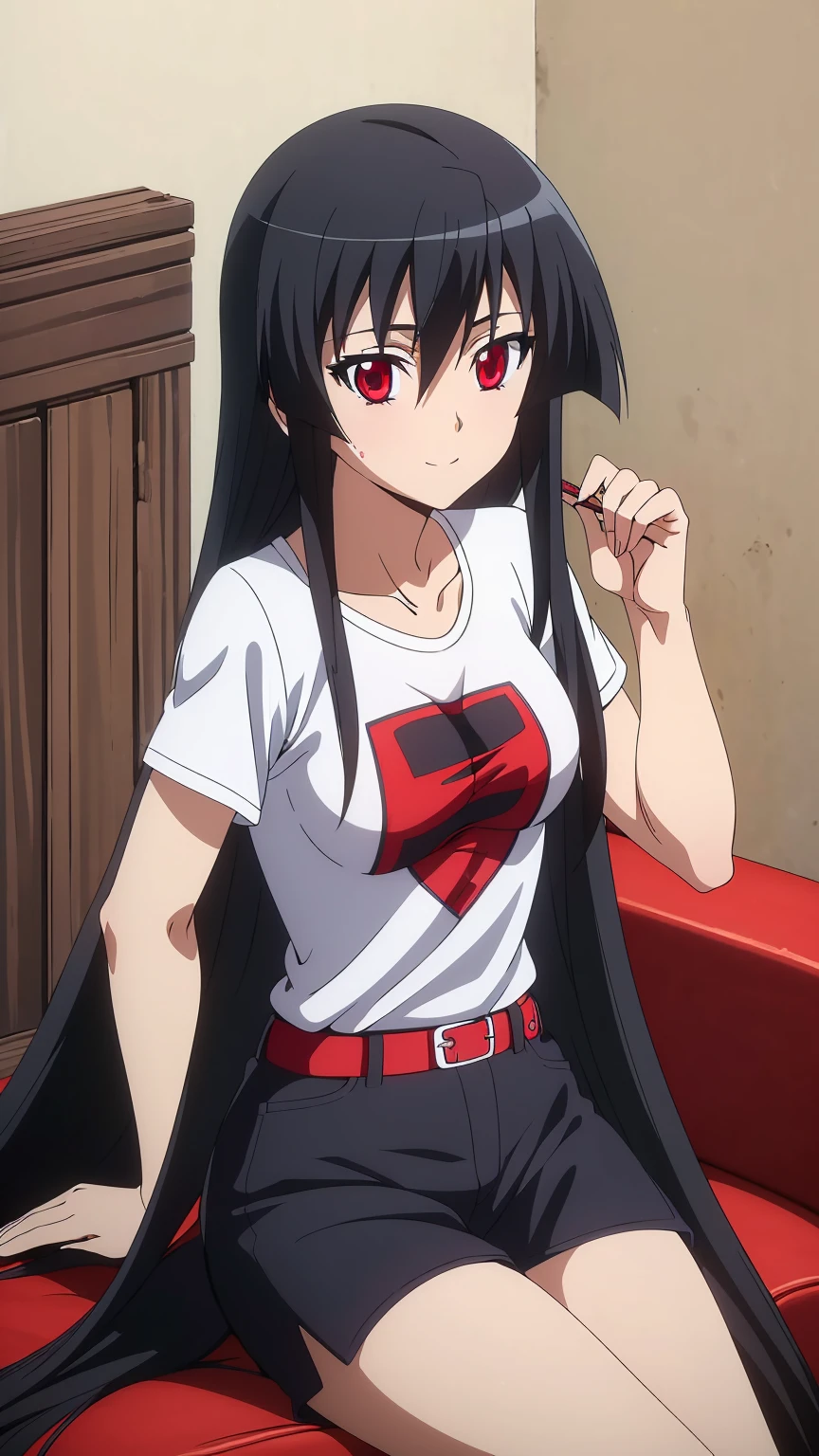 ((Master piece , best quality )),perfect face ,perfect eyes, beautiful red eyes, black hair,(( very long hair )),between eyes hair , blushing ,smile,looking at me, full body,cowboy shot,sexy pose, ((1girl,solo)),Akame, ((T-shirt, white shirt ,jeans  short )),sitting on sofa