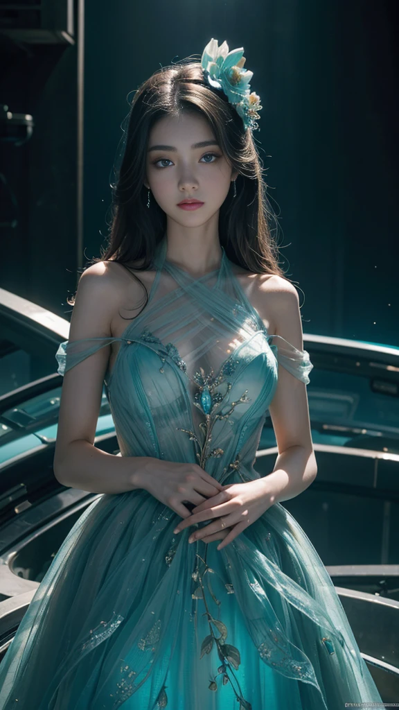 Full figure, seven -clinging shooting, 18 years old, wearing transparent science fiction dress, exquisite faces, details, hands, ultimate details, amazing magnificence, LED internal lighting, Pedaipan style, fiber hair, glowing teal iris, glowing teal iris,