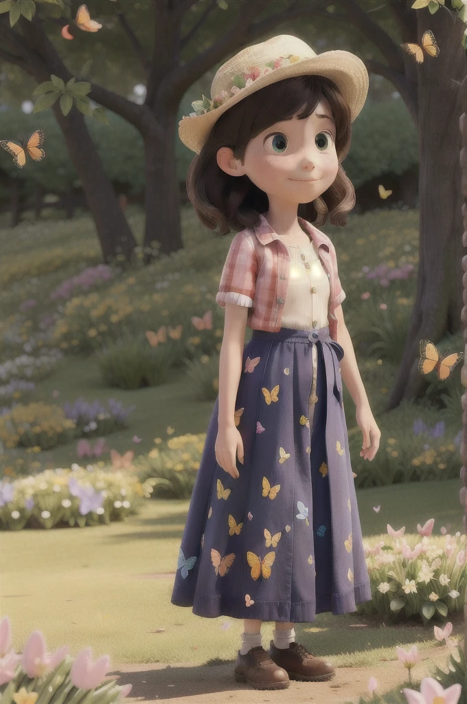 beautiful spring afternoon, a girl playing among flowers and butterflies