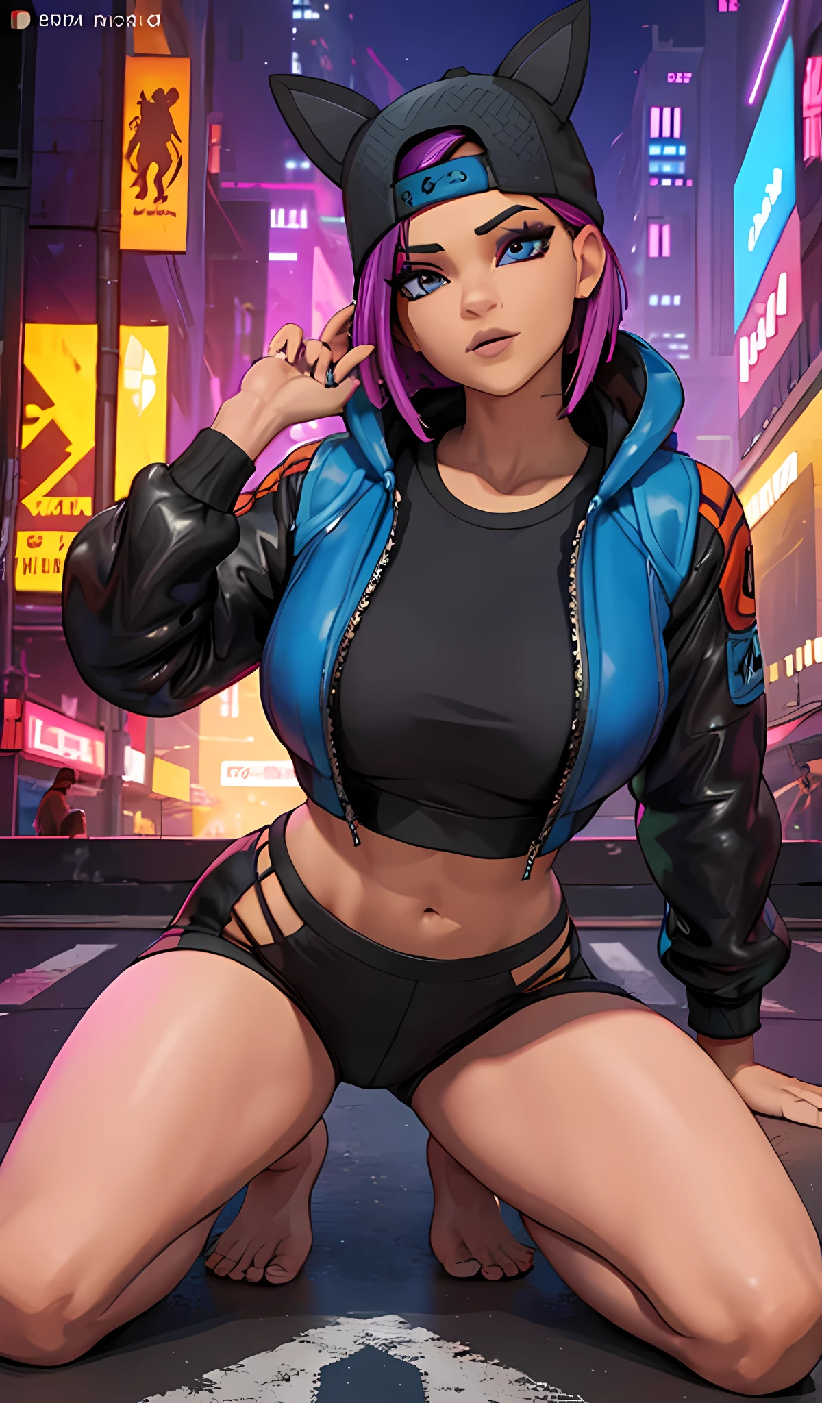 1 chica, sentada, cyberpunk Noche, chaqueta Azul, jogger Negro, Extremadamente detallado, rostro detallado , gorra ,hermoso rostro detallado, ojos detallados, dynamic pose