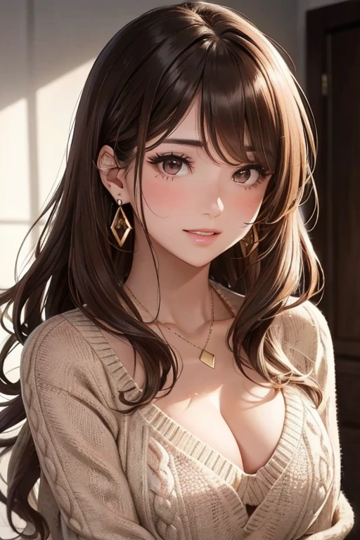 (1 upper body photo), Beautiful Face, Highly detailed face and skin texture, (Fine grain), Brown eyes, double eyelid, Thin eyebrows, Glitter Eyeliner: 1.2, natural cheeks, Glowing Skin, Fair skin, ((A sweater with no open neckline)), Sparkly necklace and earrings, (Glossy Lips: 1. 4), (Captivating smile), (20-year-old), (Wavy Hair, Brown Hair, Diagonal bangs), Medium Long Hair, ((Upper Body Shot)), ((Focus on the chest and face)), Medium large breasts, Upturned chest.