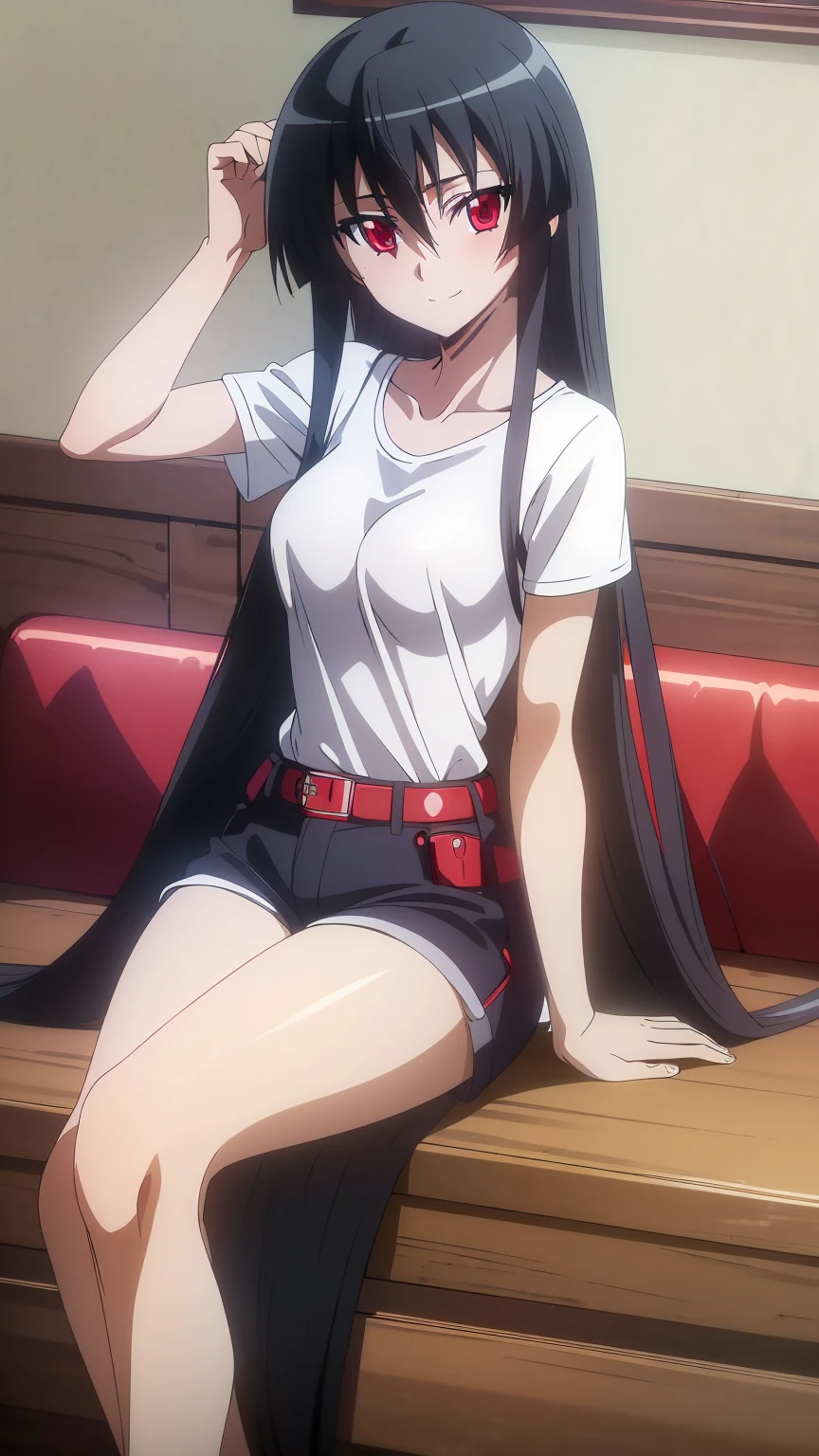 ((Master piece , best quality )),perfect face ,perfect eyes, beautiful red eyes, black hair,(( very long hair )),between eyes hair , blushing ,smile,looking at me, full body,cowboy shot,sexy pose, ((1girl,solo)),Akame, ((T-shirt, white shirt ,jeans  short )),sitting on sofa