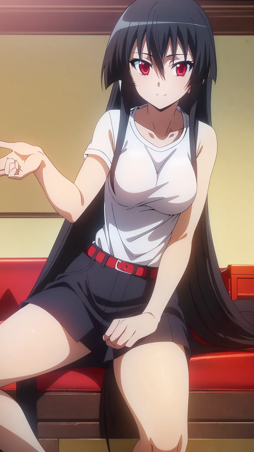 ((Master piece , best quality )),perfect face ,perfect eyes, beautiful red eyes, black hair,(( very long hair )),between eyes hair , blushing ,smile,looking at me, full body,cowboy shot,sexy pose, ((1girl,solo)),Akame, ((T-shirt, white shirt ,jeans short )),sitting on sofa