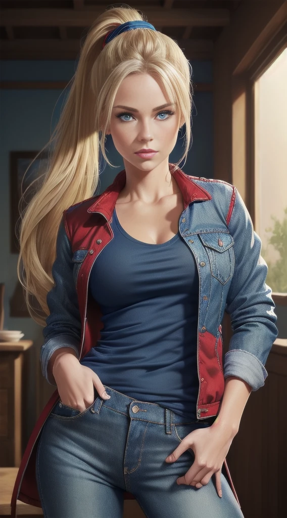 (blond girl, blue eyes, ponytail hair, blue shirt, red jacket, women's jeans, sensual pose, very detailed, masterpiece:1.2), Hd quality, ultra-detailed, realistic, vibrant colors, soft lighting, oil painting style