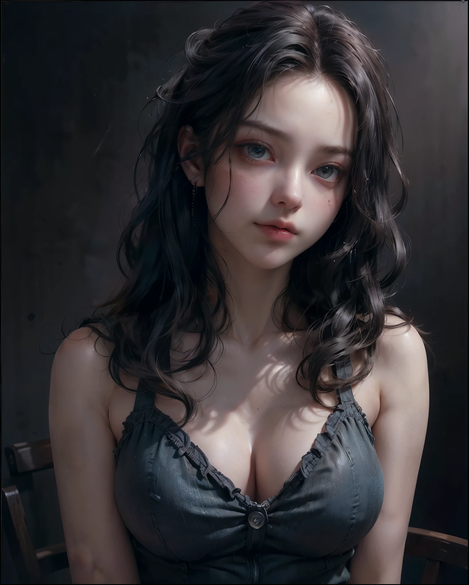 (((ultra realistic))) Photo, masterpiece, top quality, (pale skin), (Ultra detailed face and eyes:1.2), Bright eyes, 1 adult girl, brassiere, Dark background, (Eye makeup, mascara) , ((Dark wavy hair)) , ((Stylish hairstyle)) , (Natural breasts), (A slight smile), ((Posing)), photoshoot, studio (Contour lighting), (The play of light and shadows), depth of field, bokeh, (special attention to skin detail: 1.2), Detailed leather texture, skin pores, ((Dark and gloomy atmosphere of the frame. color scheme - black, Gray, Ashen, blue tones)), ((Film grain, VHS effect)), ((rays)) , ((waist up portrait, close to the camera)) , ultra detialed,