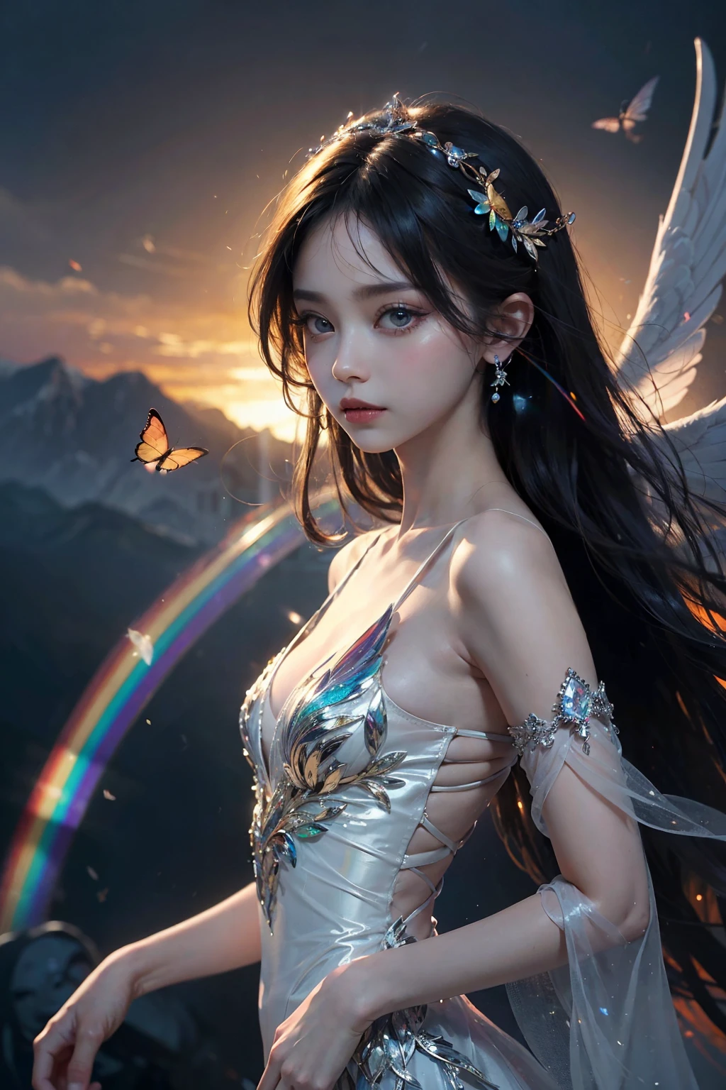 (((masterpiece))), (((best quality))), ((ultra-detailed)), ((an extremely delicate and beautiful)),cinematic light, Create a stunning fantasy artwork that mimics the style of currently trending masters of the genre. The art piece should contain elements of both mythic fantasy and fairytale fantasy with dreamy rainbow accents. ((Utilize the rainbow as the main color scheme.)) The character in the artwork is a delicate but strong figure with an aura of mystery and magic and (beautiful translucent rainbow wings). Pay close attention to intricate facial features, such as mesmerizing eyes with vibrant colors and bold shading,The character's clothing should be designed with gossamer feathers, silk, stunning embroidery, and subtle iridescent details. Incorporate (((translucent rainbows))), dreamy colors, dynamic lighting, and detailed background elements to create a sense of awe and immersion. Include colorful flying magical birds and jewel-toned rainbow butterflies radiating a magical aura. Consider the latest trends in fantasy art, such as incorporating unique lighting effects, exploring dynamic and compelling composition techniques, and experimenting with unique color palettes. Take inspiration from the top artists on ArtStation and Midjourney. Camera: Choose an angle that highlights the character's beauty and enhances the magical majesty of the artwork. Lighting: Utilize atmospheric lighting techniques to create depth and mood. Resolution: Aim for a high-resolution artwork to showcase intricate details and clarity. Art Inspirations: Seek inspiration from the trending artists on ArtStation, exploring different styles, genres, and themes.,The main girl is super beautiful,Are thin,Slim figure,Small Bust,Beautiful long and slender eyes,Korean Beautiful Girl,Genius Ballerina,Angel's messenger beautiful girl,Slim figure,The best ballerina expression,Eyes that stare intently at the other person,Costumes made of vinyl that reveal the flesh、Korean Beautiful Girl,