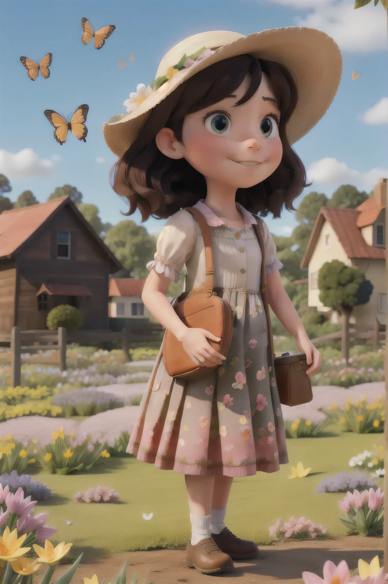 beautiful spring afternoon, a girl playing among flowers and butterflies