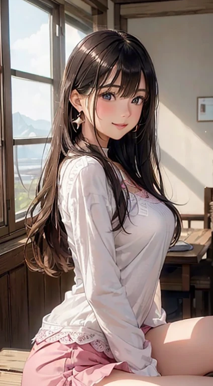(Tabletop: 1.3), (Maximum resolution: 1.2), (Ultra HDTV: 1.2), Cinematic light, Ultra HDTV, (Fine grain and skin), (Detailed facial features), Hmph, 8k resolution, Sharp focus: 1.2, Perfect Style, Beautiful Face, Perfect body, Accurate, Anatomically correct, Highly detailed face and skin texture, Fine grain, Dark blue eyes, double eyelid, Thin eyebrows, Glitter Eyeliner: 1.2, natural cheeks, Glowing Skin, Fair skin: 1.2, Shiny little necklace and earrings, (Glossy Lips: 1.4), break, First Person View, (She is a very cute female teacher), (Pink lace panties), (Captivating smile: 1.2), ((Pure and cute girl:1.3)), (Long Wavy Hair), (Light Brown Hair:1.2), (Cowboy Shot: 1.2), break, ((Very close relationship: 1.2)), Medium large breasts, ((View your viewers:1.2)), ((Hot Spring Trip:1.2)), ((Bend your knees and open your legs wide:1.2)), (From the side:1.2),Low angle shot,Full Body Shot A light-colored, long-sleeved, tight-fitting sweater Tight Denim Mini Skirt Embarrassed look Kamimei