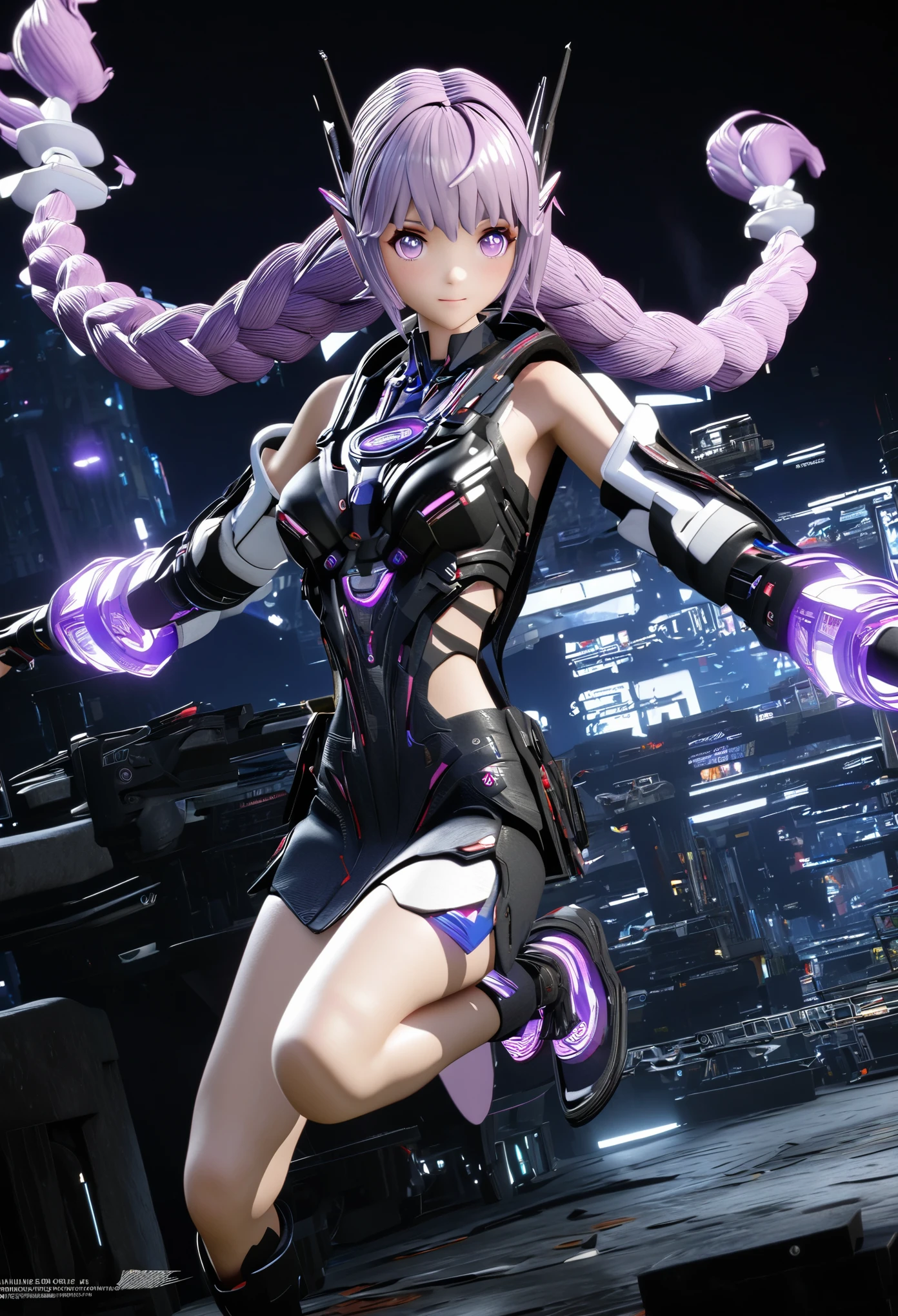 A girl floats in the air，Gradient purple hair，Double tail，Purple pupils，Blue-purple hue，The background is a blue science fiction scene，3D Modeling，Neon，FF15 style， Anime style 3d, Perfect robot girl, 3D Rendered Official Art