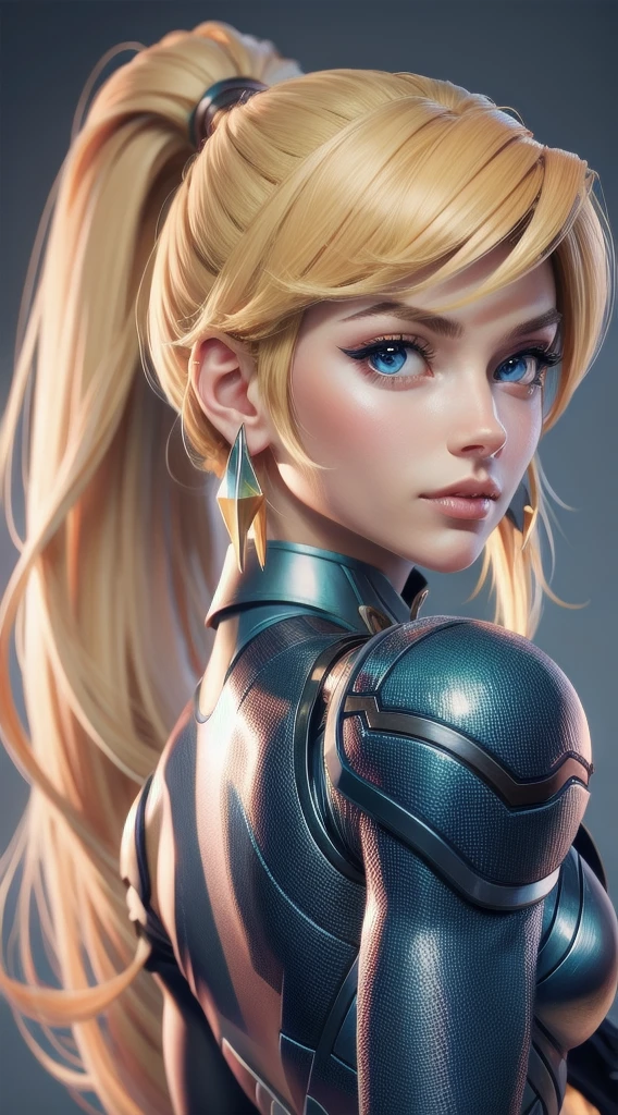 1girl, absurdres, artist name, blonde hair, blue eyes, bodysuit, breasts, earrings, hair ornament, high ponytail, highres, jewelry, lips, long hair, looking at viewer, looking back, metroid, nintendo, nose, ponytail, samus aran, sidelocks, solo, swept bangs, upper body, ((masterpiece))