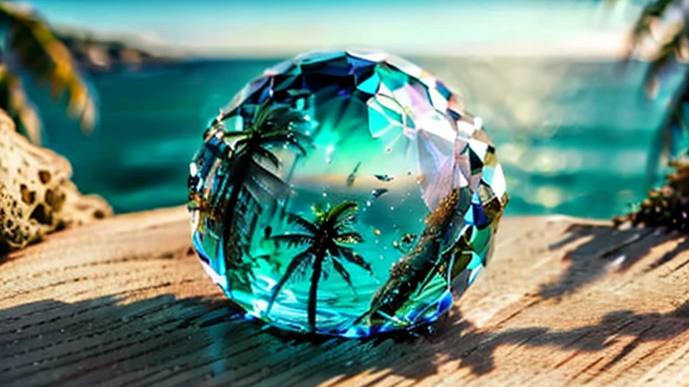 a beautiful glass bottle landscape,ocean waves crashing against a glass bottle on the sandy shore,sparkling reflections on the glass surface,shimmering sea creatures floating inside the bottle,gentle sunlight illuminating the scene,crystal clear blue water inside the bottle,majestic palm trees swaying in the background,tranquil atmosphere with birds chirping and gentle breeze,rays of light passing through the bottle's transparent body,exquisite details of the bottle's design,impressive craftsmanship of the glass bottle,brilliant colors of the landscape,subtle gradient of the sky from warm hues to cool tones,soft sand creating patterns around the bottle,crystal clear reflections of the surroundings in the bottle,waves lapping against the bottle's base creating soothing sounds,serene and peaceful ambiance,magnificent view of the horizon through the bottle's perfectly shaped glass,tranquil paradise encapsulated in a glass bottle.