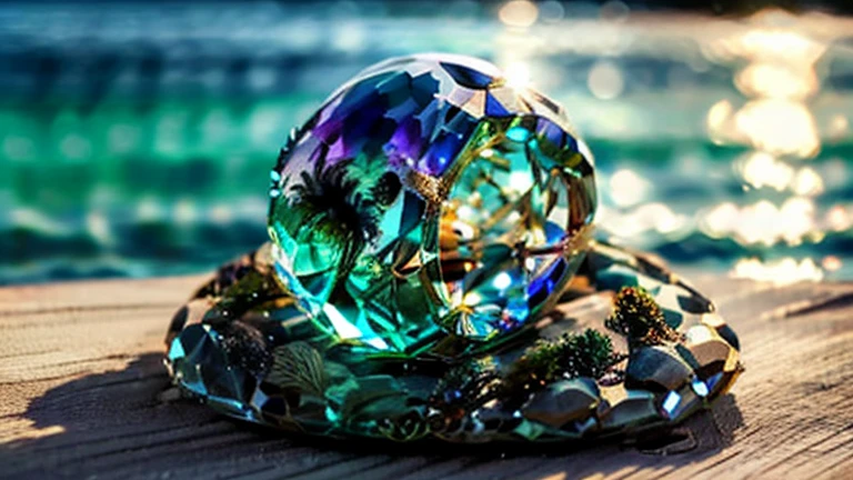 a beautiful glass bottle landscape,ocean waves crashing against a glass bottle on the sandy shore,sparkling reflections on the glass surface,shimmering sea creatures floating inside the bottle,gentle sunlight illuminating the scene,crystal clear blue water inside the bottle,majestic palm trees swaying in the background,tranquil atmosphere with birds chirping and gentle breeze,rays of light passing through the bottle's transparent body,exquisite details of the bottle's design,impressive craftsmanship of the glass bottle,brilliant colors of the landscape,subtle gradient of the sky from warm hues to cool tones,soft sand creating patterns around the bottle,crystal clear reflections of the surroundings in the bottle,waves lapping against the bottle's base creating soothing sounds,serene and peaceful ambiance,magnificent view of the horizon through the bottle's perfectly shaped glass,tranquil paradise encapsulated in a glass bottle.