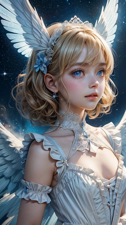 from the front, Look directly at the viewer,Upper Body、A cute angel about 8 , A kind smile, Big Blue Eyes,Curly Blonde,、Lace headdress、Detailed hand、Beautiful Hands、 A white lolita dress made of soft lace and plenty of frills., White on the back2Angel wings in pieces, Space background with many shining stars, mysterious、Fantasy、Small blue butterfly々flies into the background