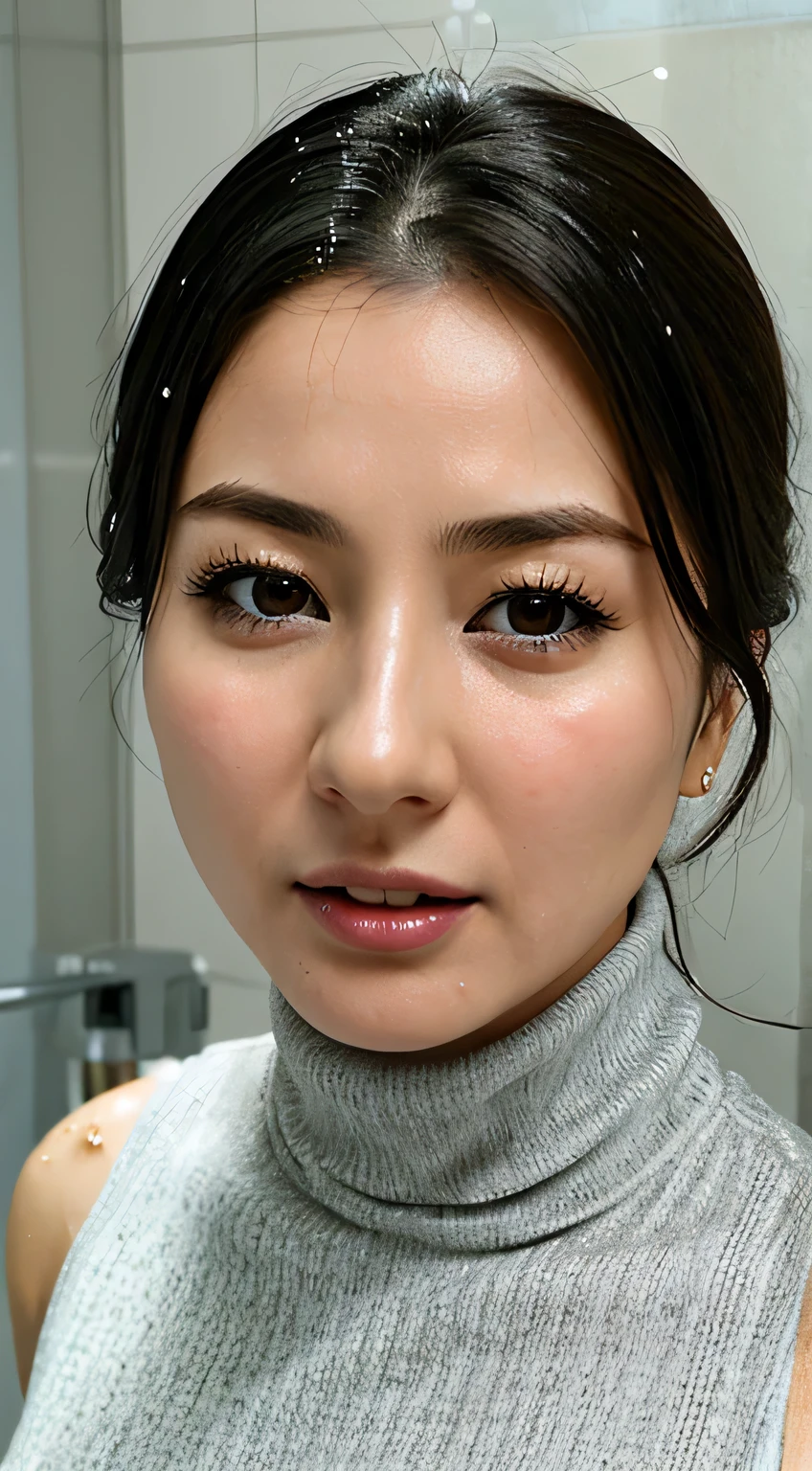 Beautiful Japanese actresses、1 girl,Flying debris,,Award-winning photo, Very detailed,Face Focus, Big double eyes(Woman with open mouth and closed eyes ), 30 years old、Black Hair、Shiny skin、(((Face close-up)))、Realistic nostrils、Long and narrow nasal cavity,、In the toilet、(On the floor of a public toilet)、Squat、((White turtleneck sleeveless dress))、Big Breasts、(Sharp Nose)Frowning performance:1.4,,expression,Frowning,please raise your head、Skin shiny with sweat,Oily facial skin,Biting your lip,Tied Hair,Wearing a tank top,Please put your nose closer to the camera,((Open your mouth wide to receive something))Looking at the audience, (((Wet Filter))),((Close your face)),(((Close-up of the nose)))