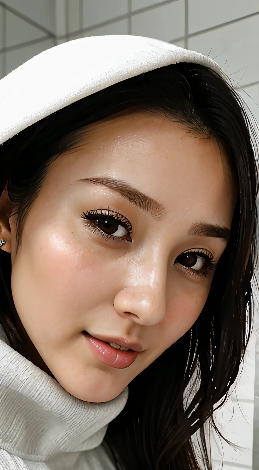 Beautiful Japanese actresses、1 girl,Flying debris,,Award-winning photo, Very detailed,Face Focus, Big double eyes(Woman with open mouth and closed eyes ), 30 years old、Black Hair、Shiny skin、(((Face close-up)))、Realistic nostrils、Long and narrow nasal cavity,、In the toilet、(On the floor of a public toilet)、Squat、((White turtleneck sleeveless dress))、Big Breasts、(Sharp Nose)Frowning performance:1.4,,expression,Frowning,please raise your head、Skin shiny with sweat,Oily facial skin,Biting your lip,Tied Hair,Wearing a tank top,Please put your nose closer to the camera,((Open your mouth wide to receive something))Looking at the audience, (((Wet Filter))),((Close your face)),(((Close-up of the nose)))