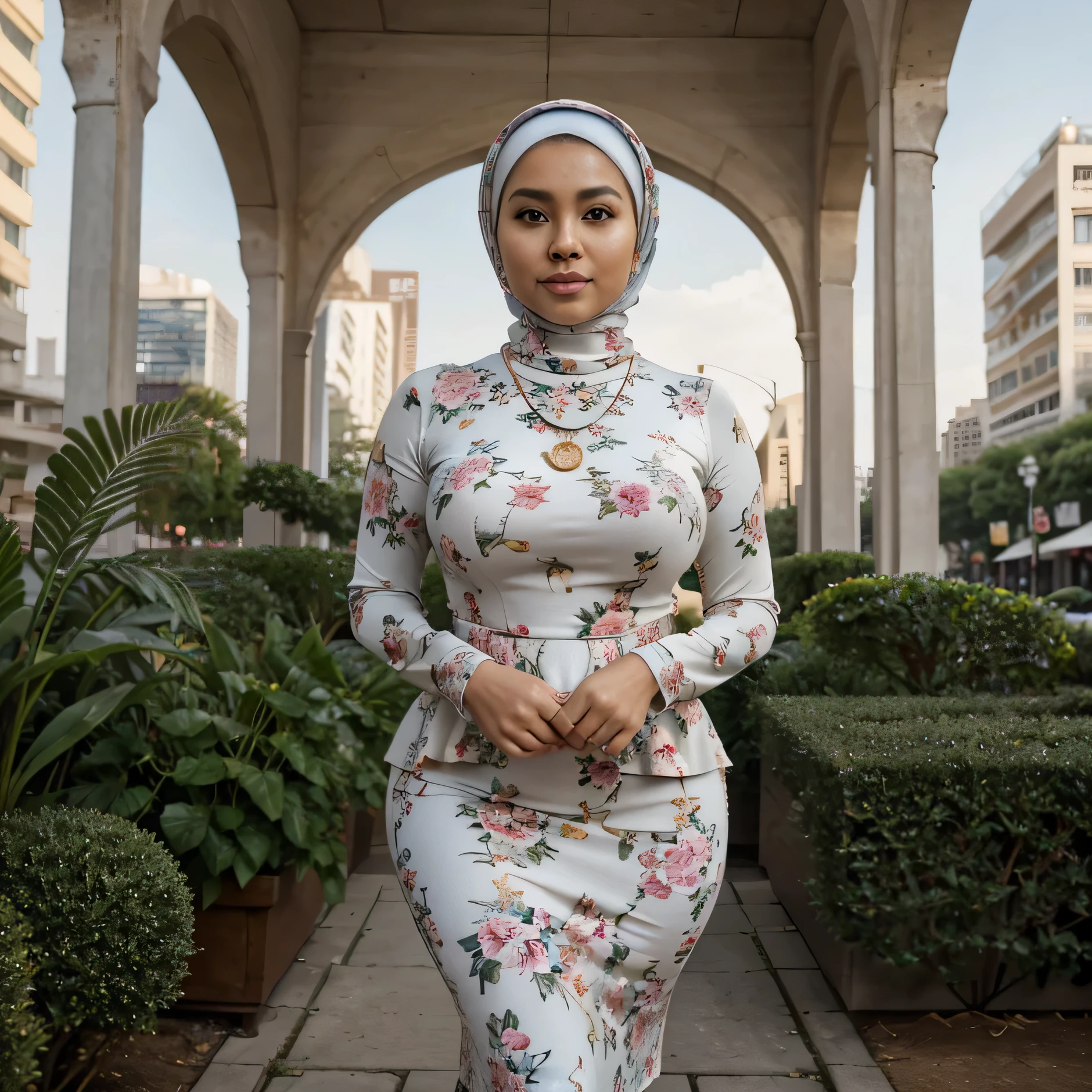 RAW, Best quality, high resolution, masterpiece: 1.3), beautiful Malay woman in hijab,Masterpiece, perfect curvy fit body, (Huge thighs),big gorgeous eyes,thick thighs,Soft smile, Delicate turtleneck print peplum dress, necklace, shairband, afternoon walk, City garden, Excellent lighting, Bright colors, Clean lines