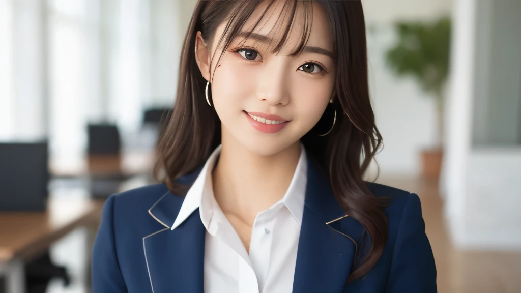 (masterpiece:1.2,highest quality),((office)),((Photographed with an ultra-wide-angle single focus lens)),depict the upper body,1 young woman,((business suit)),Black wavy hair,((Fine and beautiful eyes)),blushed,Healthy Skin,(smile),8k resolution