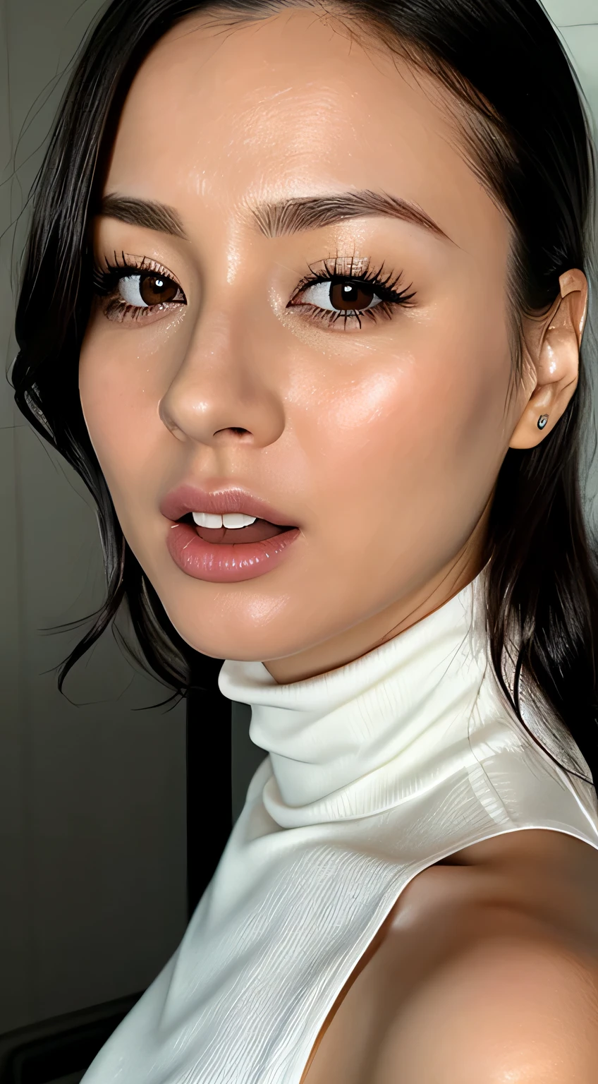 Beautiful Japanese actresses、1 girl,Flying debris,,Award-winning photo, Very detailed,Face Focus, Big double eyes(Woman with open mouth and closed eyes ), 30 years old、Black Hair、Shiny skin、(((Face close-up)))、Realistic nostrils、Long and narrow nasal cavity,、In the toilet、(On the floor of a public toilet)、Squat、((White turtleneck sleeveless dress))、Big Breasts、(Sharp Nose)Frowning performance:1.4,,expression,Frowning,please raise your head、Skin shiny with sweat,Oily facial skin,Biting your lip,Tied Hair,Wearing a tank top,Please put your nose closer to the camera,((Open your mouth wide to receive something))Looking at the audience, (((Wet Filter))),((Close your face)),(((Close-up of the nose)))
