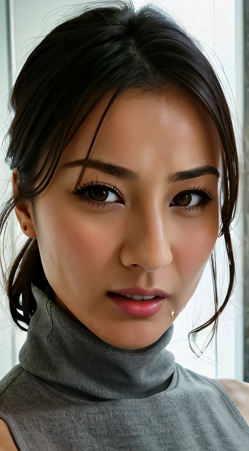 Beautiful Japanese actresses、1 girl,Flying debris,,Award-winning photo, Very detailed,Face Focus, Big double eyes(Woman with open mouth and closed eyes ), 30 years old、Black Hair、Shiny skin、(((Face close-up)))、Realistic nostrils、Long and narrow nasal cavity,、In the toilet、(On the floor of a public toilet)、Squat、((White turtleneck sleeveless dress))、Big Breasts、(Sharp Nose)Frowning performance:1.4,,expression,Frowning,please raise your head、Skin shiny with sweat,Oily facial skin,Biting your lip,Tied Hair,Wearing a tank top,Please put your nose closer to the camera,((Open your mouth wide to receive something))Looking at the audience, (((Wet Filter))),((Close your face)),(((Close-up of the nose)))
