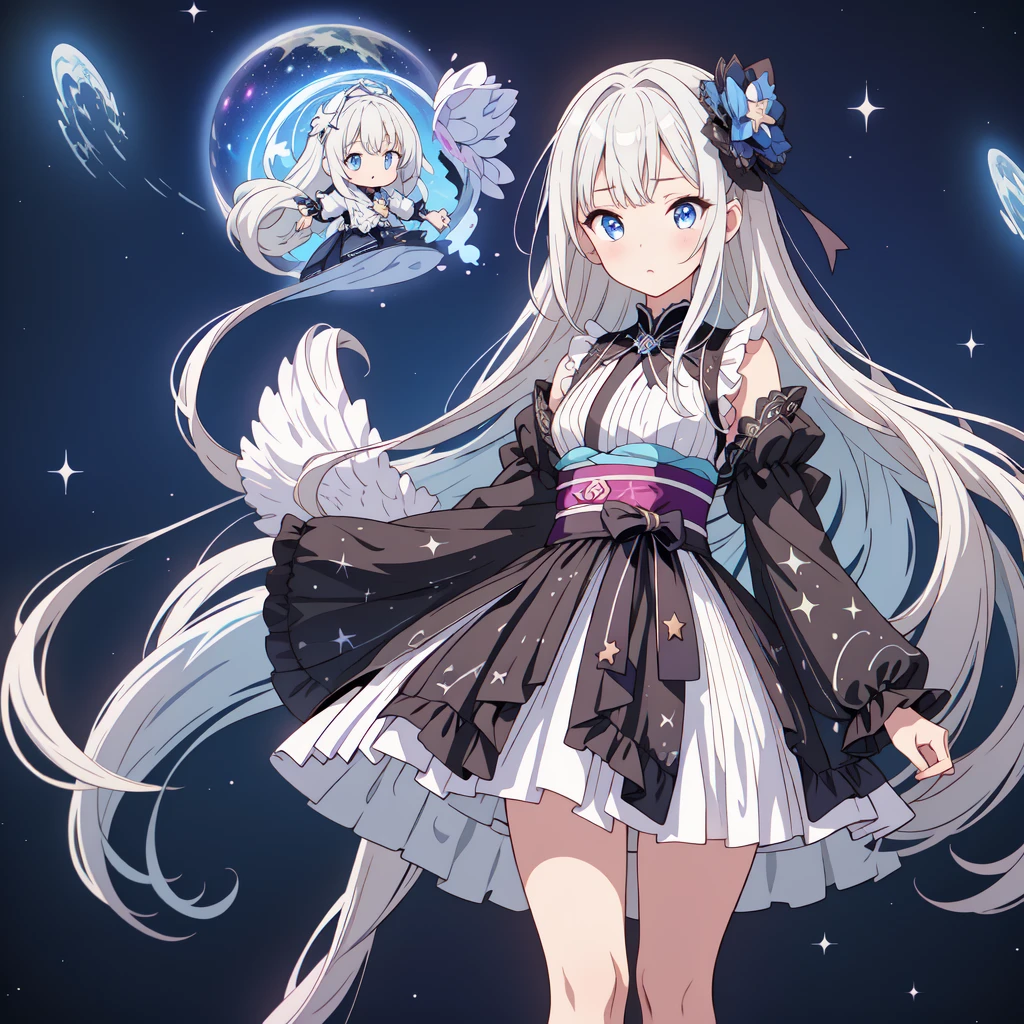 Star Fairy、(masterpiece, best quality), 1girl, 「A beautifully printed galaxy patterned kimono and gothic lolita outfit.、Space pattern box pleated mini skirt with ruffles、Standing in front of the viewer、Knee-high boots、Captivating eyes、Perfect and stunning face、Exquisite details、Clear images、highest quality。」Milky white and blue gradient long straight hair、