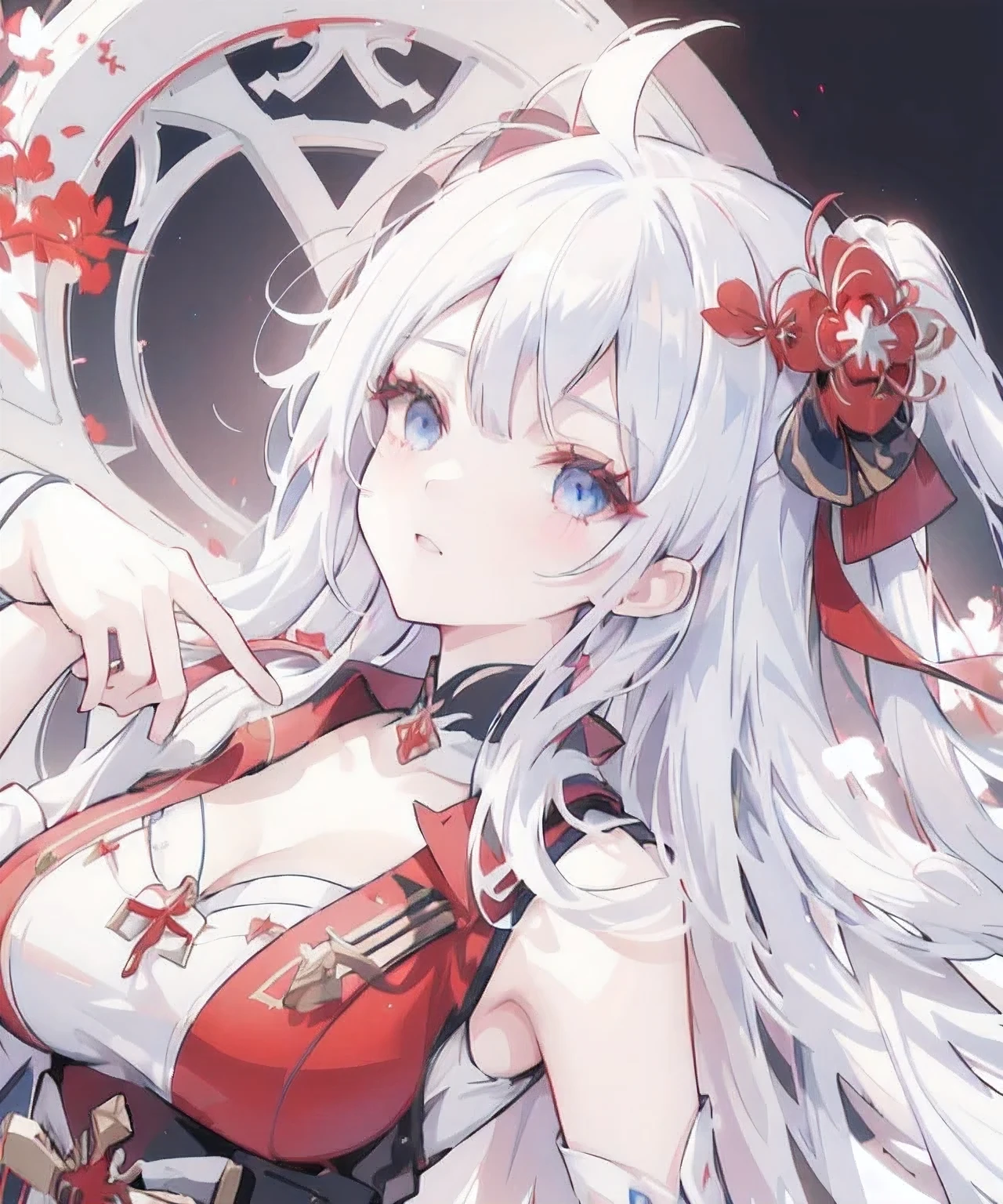 anime girl with white hair and red dress posing for a picture, blue eyes, white haired deity, ayaka genshin impact, edelgard fire emblem, characters from azur lane, ayaka game genshin impact, edelgard from fire emblem, cushart krenz key art feminine, shalltear bloodfallen, azur lane style, from the azur lane videogame