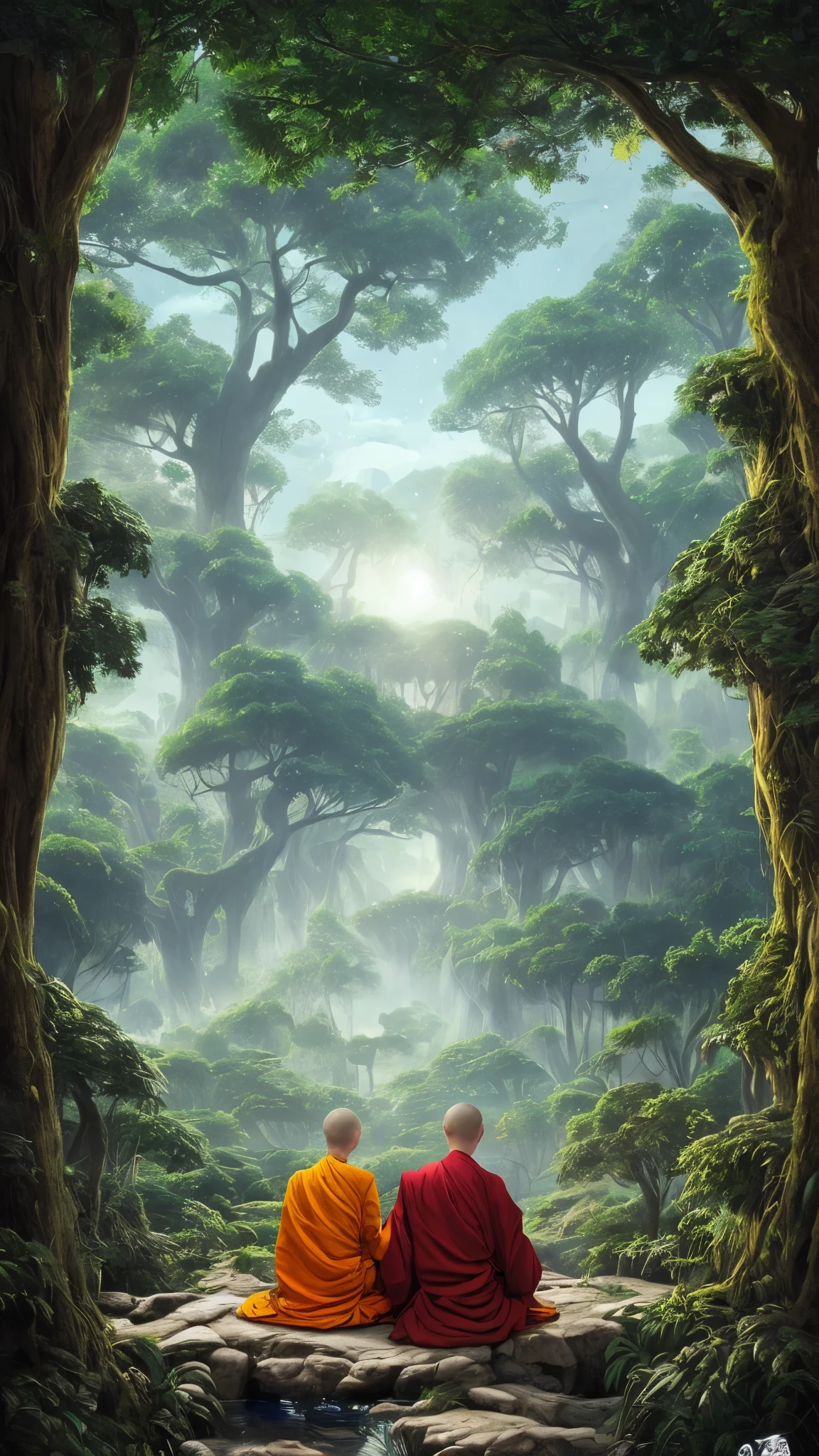 Illustration of hyper reality , Another world, The ultraski scene is complete with giant crystal trees.,The light is so subtle and wonderful., Complex forest details, Surrounding plants and river, Solarpunk ,terrain, Giant Tree, The leaves are beautiful with beautiful lighting and realistic proportions., It&#39;s as if it were a background in a movie theater., 8k, Highest quality, Masterpiece, clouds and stars in the sky, Monks from Buddhism, Sitting under a tree