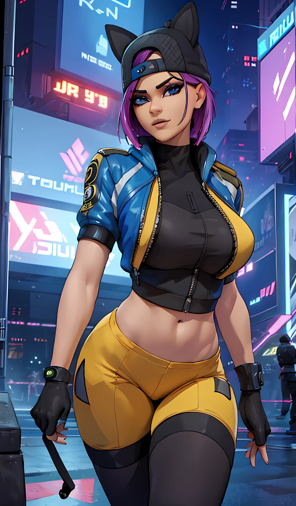 1 chica, sentada, cyberpunk Noche, chaqueta Azul, jogger Negro, Extremadamente detallado, rostro detallado , gorra ,hermoso rostro detallado, ojos detallados, dynamic pose