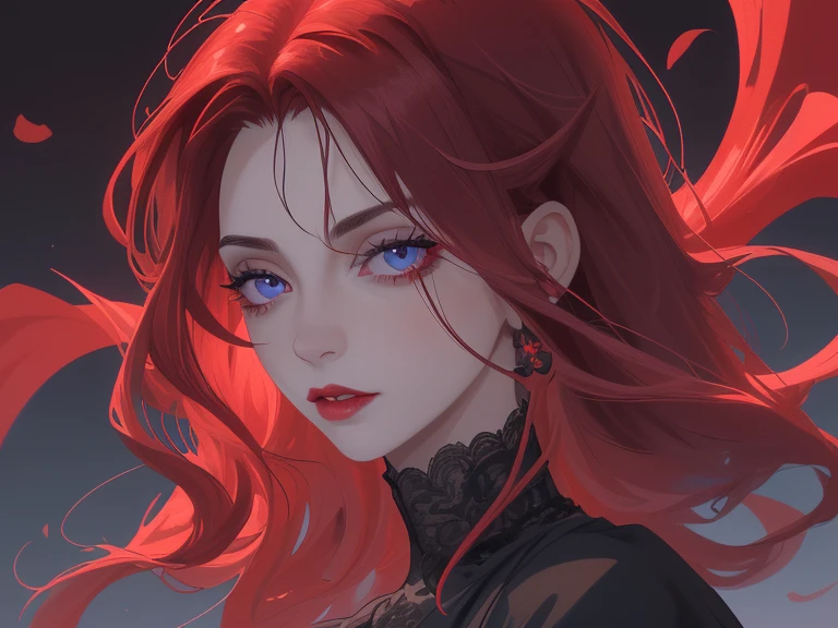 Obra hiperdetallada de una vampiro., pelo largo lacio y cobre, perfect composition, texturas hiperdetalladas, hermosos ojos rojos, 4K resolution, masterful technique