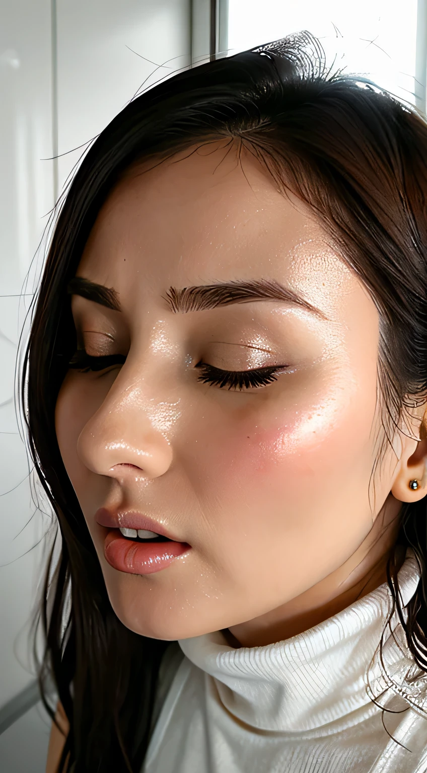 1 person,realism, surrealism, Written boundary depth, Hmm........, retina, Anatomically correct, Rough skin, High resolution, Highest quality, Very detailed, 8k (Woman with open mouth and closed eyes ), 30 years old、Black Hair、Glowing Skin、Face close-up,From below、Realistic nostrils、Long and narrow nasal cavity,、(Inside the camping tent）,Big Breasts、(Sharp Nose)Frowning performance:1.4, concept,teeth,performance,facial performances,Frowning,please raise your head、Skin shiny with sweat,Climax face after being molested,Beautiful Japanese Woman,Dill,