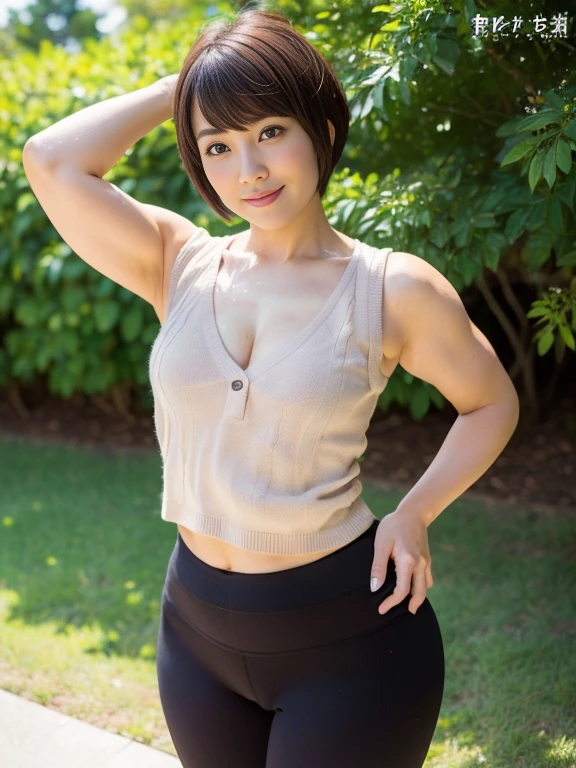 ((Great quality,Great quality,high quality, very beautiful,beautiful, 最high quality, Realistic)) ,(Open Stance,Brush your hair back),(白いsleeveless sweater,黒いyoga pants),((Light brown hair,blunt bangs, pixie cut, 太くてbeautiful眉,Round eyes)),Detailed body,photograph,3D, texture,, View audience, ((最high quality, Great quality, very beautiful, Absurd))、(Perfect beautiful face 1.2),(smile),Blushed,Heavy breathing,(Perfect and beautiful posture:1.2),(30 year old beautiful Japanese woman),(Mature Woman),(Face with makeup),((((Flat Chest)))),Abdominal muscles,Big Ass,Long legs, (thick muscular body),(whole bodyに汗をかく:1.2),((Excessive sweating under the arms)),超高解像度のphotograph,Looking at the camera,(Stand facing forward),(whole body),