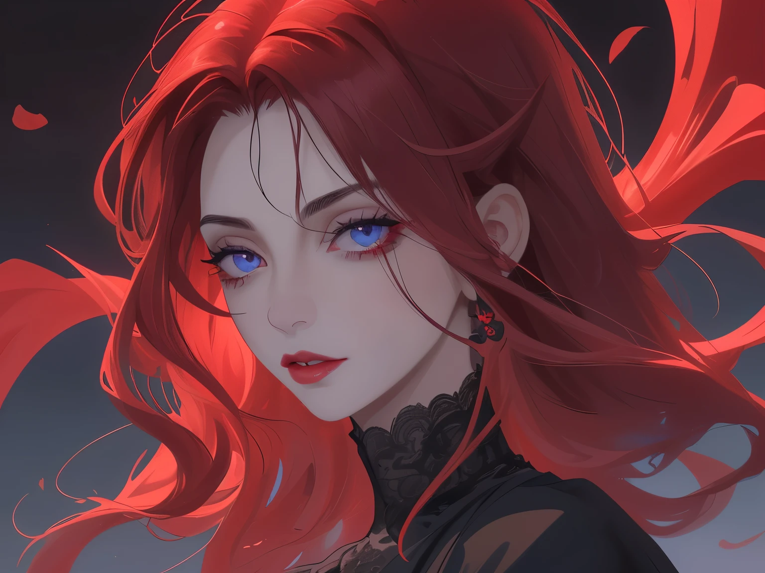 Obra hiperdetallada de una vampiro., pelo largo lacio y cobre, perfect composition, texturas hiperdetalladas, hermosos ojos rojos, 4K resolution, masterful technique