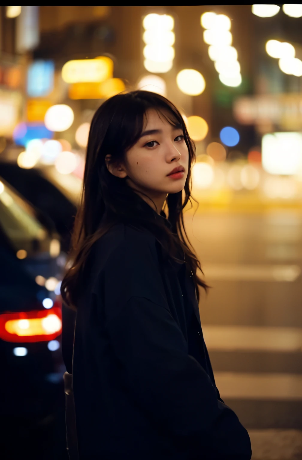 (Cinematic Aesthetic:1.4) Photo of a beautiful korean fashion model bokeh city night