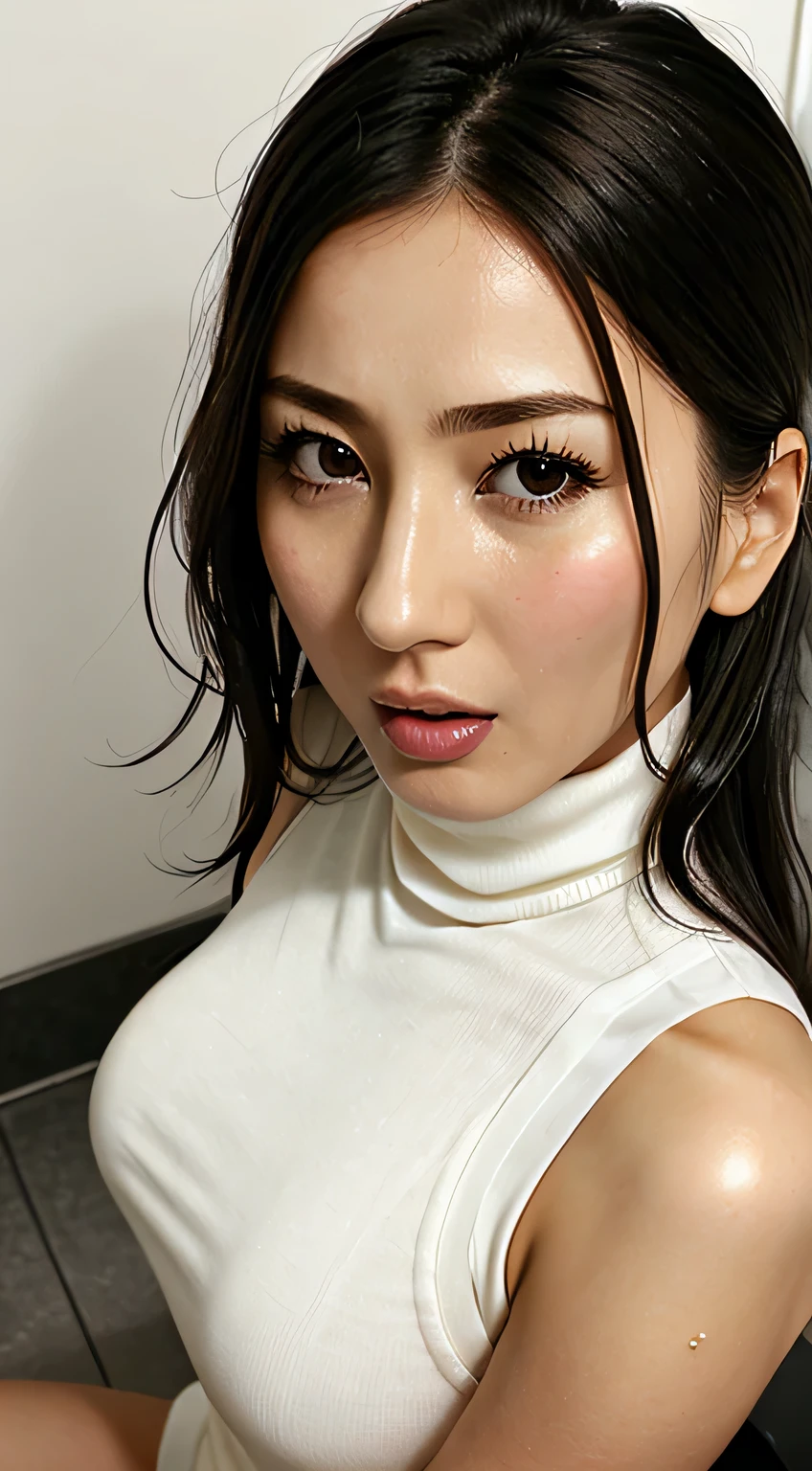 Beautiful Japanese actresses、1 girl,Flying debris,,Award-winning photo, Very detailed,Face Focus, Big double eyes(Woman with open mouth and closed eyes ), 30 years old、Black Hair、Shiny skin、(((Face close-up)))、Realistic nostrils、Long and narrow nasal cavity,、In the toilet、(On the floor of a public toilet)、Squat、((White turtleneck sleeveless dress))、Big Breasts、(Sharp Nose)Frowning performance:1.4,,expression,Frowning,please raise your head、Skin shiny with sweat,Oily facial skin,Biting your lip,Tied Hair,Wearing a tank top,Please put your nose closer to the camera,((Open your mouth wide to receive something))Looking at the audience, ((Wet Filter)),((Close your face)),(((Close-up of the nose)))