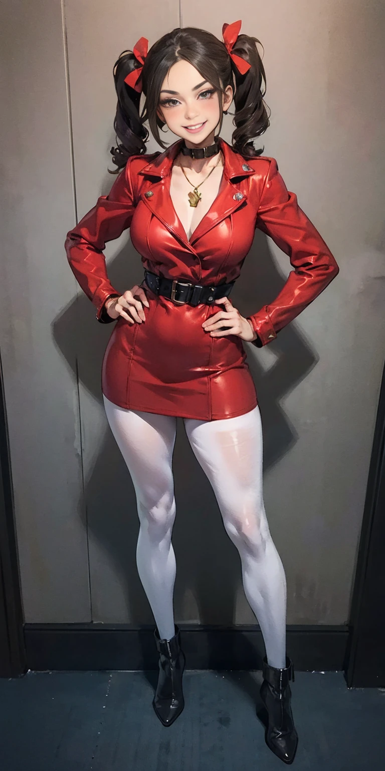 1solo Milf full body standing straight symmetrical, looking at viewer, hands on hips, twin drills twin tails, striped pantyhose, golden handcuffs on their hands with a black leather collar around the golden heart necklace, hands on hips, lustful smirking smile face red blushed