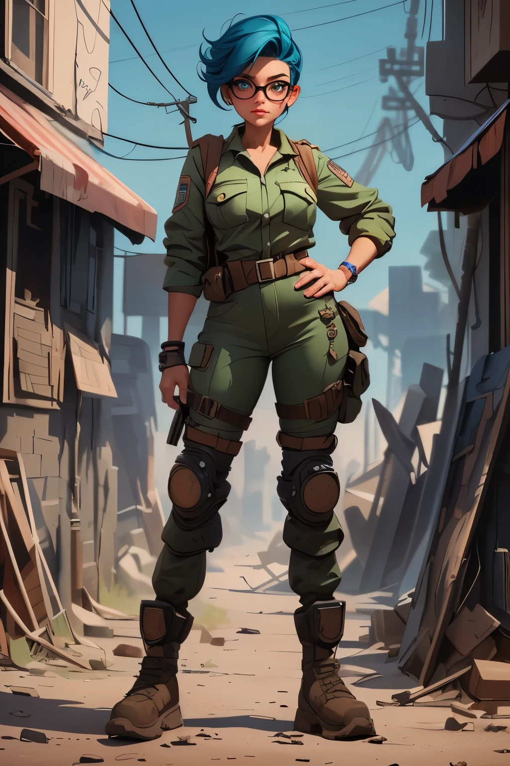 Wide angle, full body image, a pretty girl messenger, wearing large glasses, undercut hair, wearing postal uniform, in a post-apocalyptic world