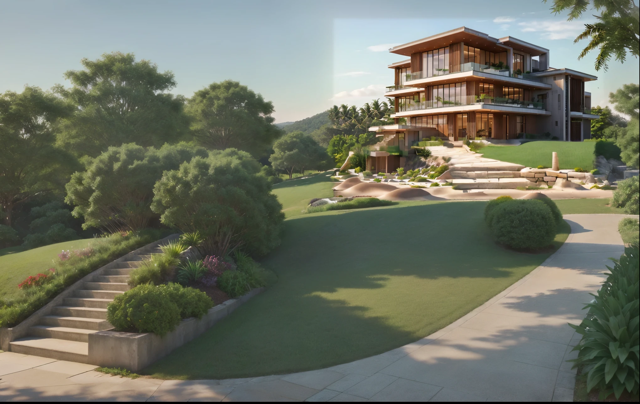 green hill, walkway, bushes sidewalk, resort green hill, (high hill), super high detail, high real, 4K, ultra realistic, raw picture