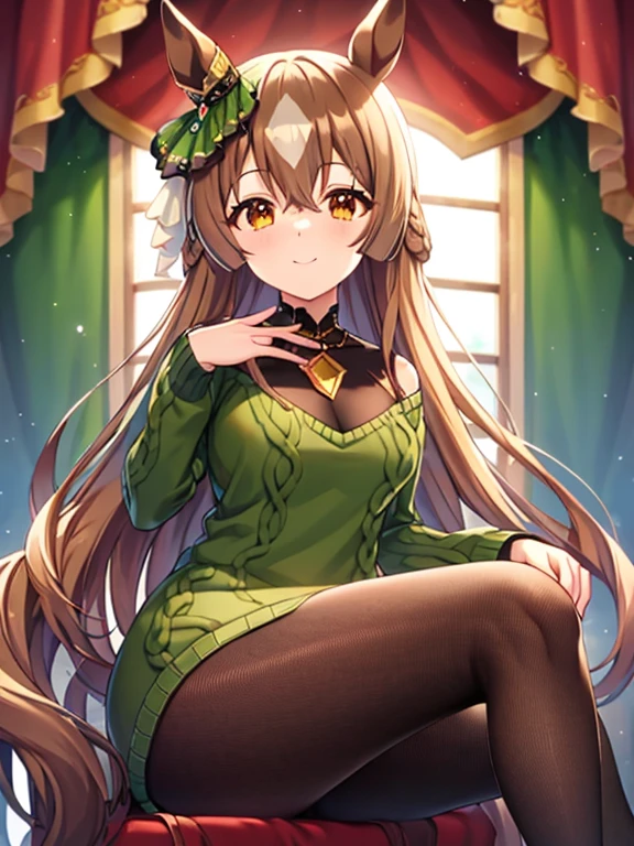 Satono Diamond\(umamusume\), highest quality、masterpiece、Ultra-high resolution、、Anime 2D Rendering, Realistic young anime woman, Beautiful body, Beautiful thighs, Beautiful feet, White beautiful skin、 ((Green high neck sweater dress:1.4)、Black Pantyhose、(Black High Heels))、 smile、Face towards the viewer、(whole body、Sit on a chair、Crossing your legs)