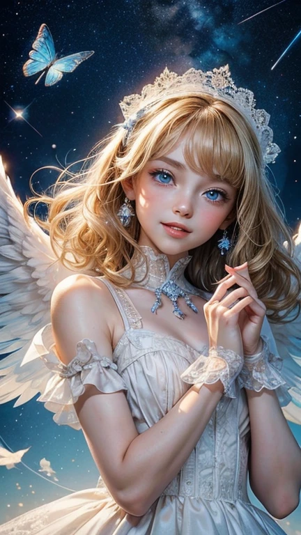 highest quality、masterpiece、from the front, Look directly at the viewer,Upper Body、Wrapped in sparkling light、A cute angel about , Smile a little,Teeth cannot be seen through the lips、 Big Blue Eyes,Curly Blonde,、Lace headdress、Detailed hand、Beautiful Hands、 A white lolita dresde of soft lace and plenty of frills., White on the back2Angel wings in pieces, Space background with many shining stars, mysterious、Fantasy、Small blue butterfly々flies into the background