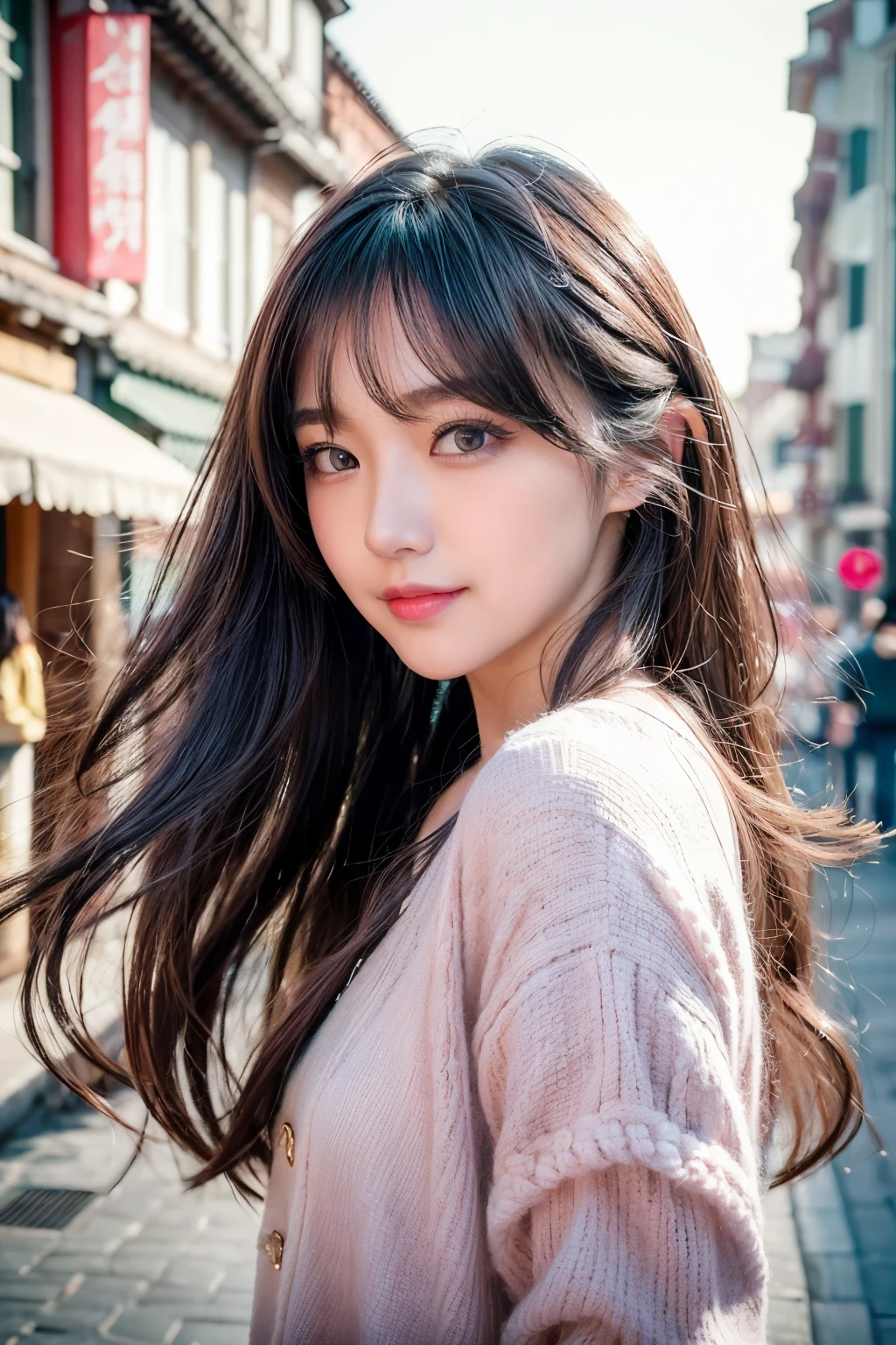 (8k, Best Quality, Masterpiece:1.2), (Realistic, Photorealistic:1.37), Ultra Detail, 1 Girl,Cute,Solo, Portrait, street photography, natural light, bokeh, Chinese beauty, long silky hair, chic and comfortable, casual clothing, Beautiful Detailed Sky,Date,(Blush),(Smile:1.15),Beautiful Detailed Eyes,(Long Hair: 1.2),Floating Hair NovaFrogStyle