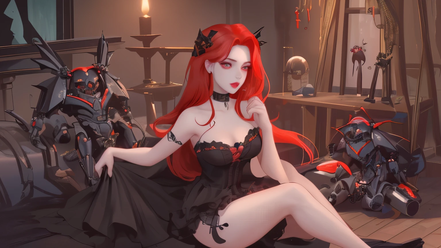 Hermosa chica Vampiro, pelo lacio largo y cobre, con mechones rubios adelante, hiperdetallada